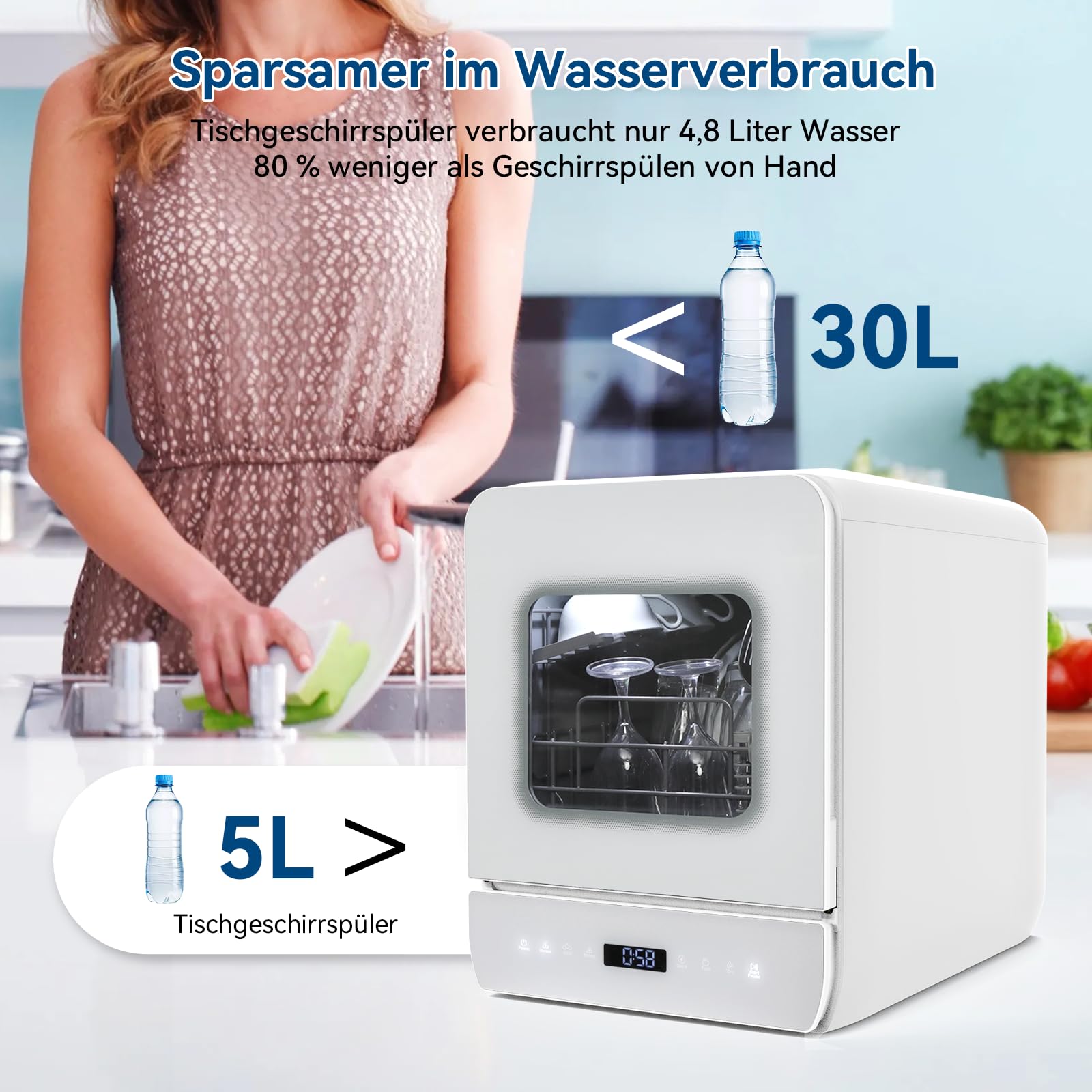 YU YUSING Mini Geschirrspüler Tischgeschirrspüler 7 Programme 3 Gedecke 4.8L Wassertank LED-Display Touch-Steuerung