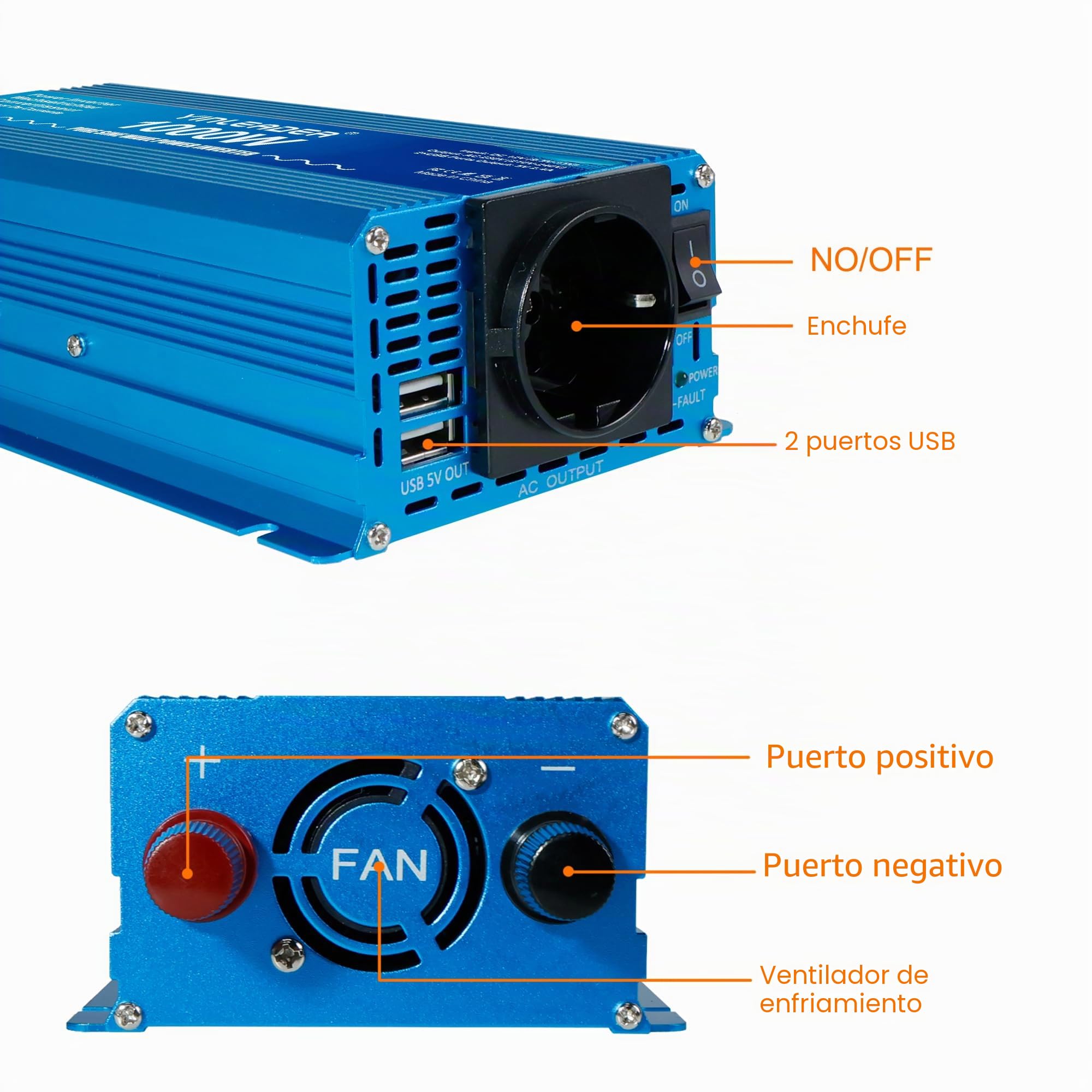 Yinleader Inversor De Corriente Onda Sinusoidal Pura 1000W Transformador De 12v A 230v, 1 Toma EU Enchufe 2 USB, para Coche Caravana Barco cámping de Viaje /2000W Potencia de sobretensión