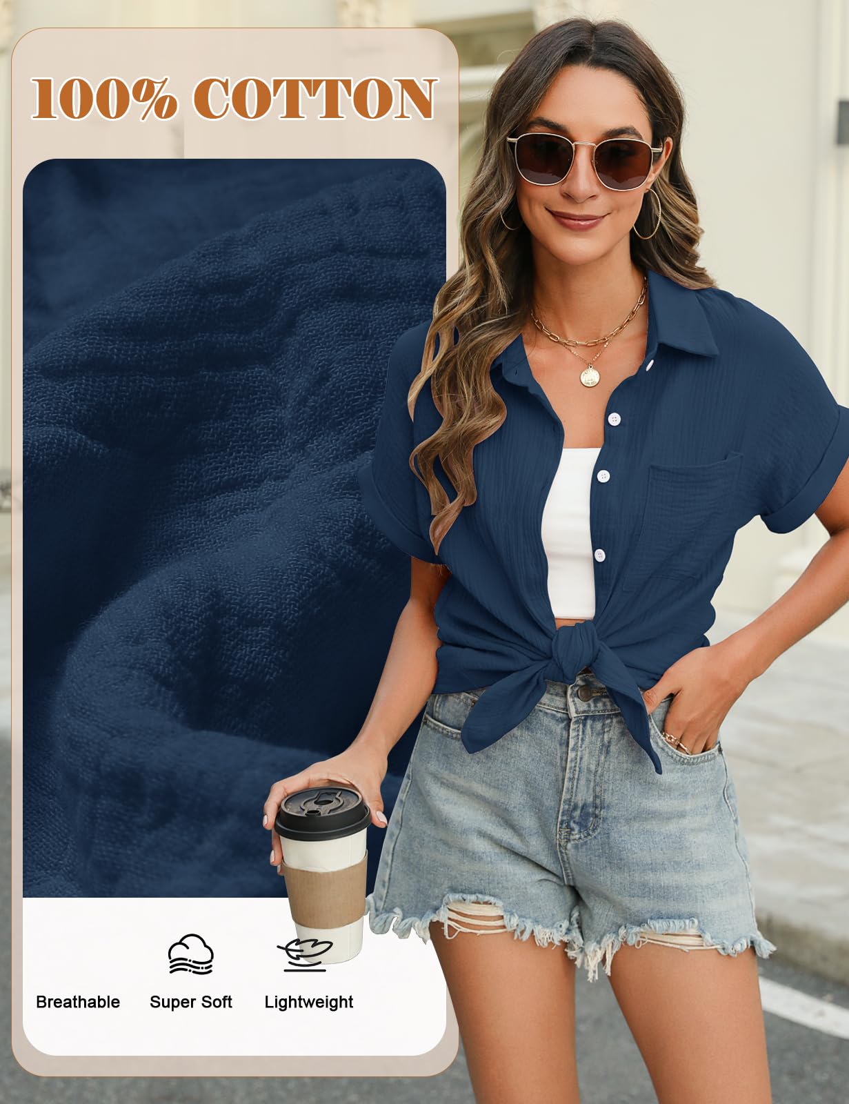 Bluzka damska na lato, elegancka, dekolt w serek, na guziki, na co dzień, bawełna, krótki rękaw, bluzka koszulowa, basic, revers, koszula, topy, tunika, topy