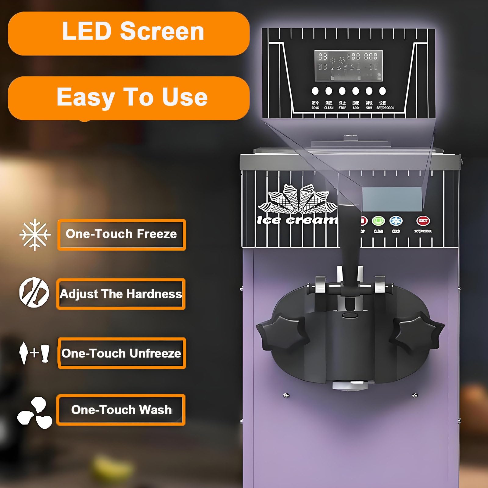 Machine à Glace à l'italienne, avec Panneau de Commande LCD, Haut rendement (4-5 kg/h), 450 W, adaptée à Un Usage Domestique et Commercial. Orange