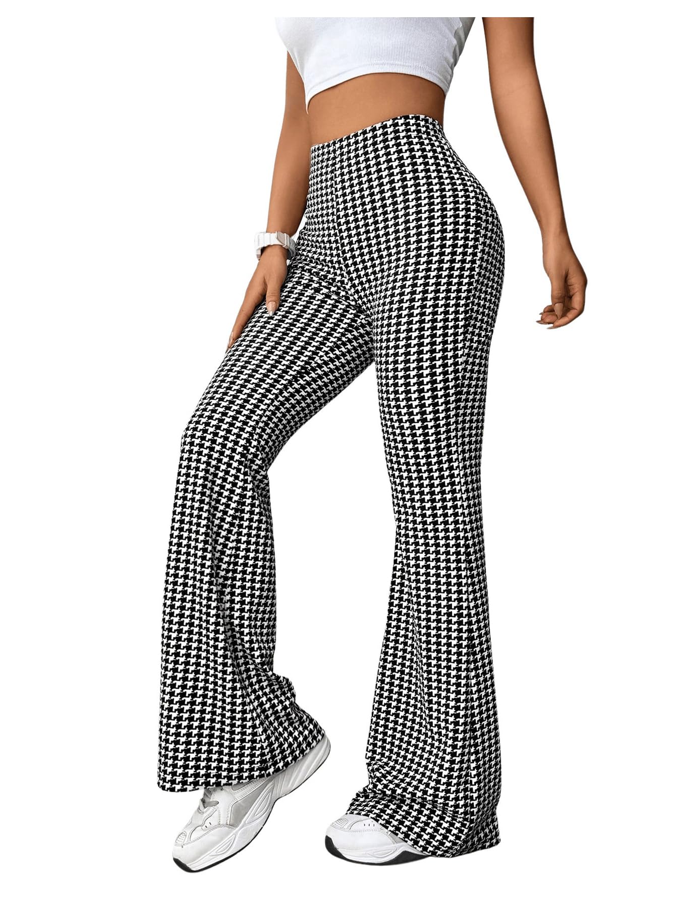 OYOANGLE Womens Houndstooth Plaid Bell Bottom Pants High Waisted Flared Leggings Y2K Bootcut Pattern Casual Trousers