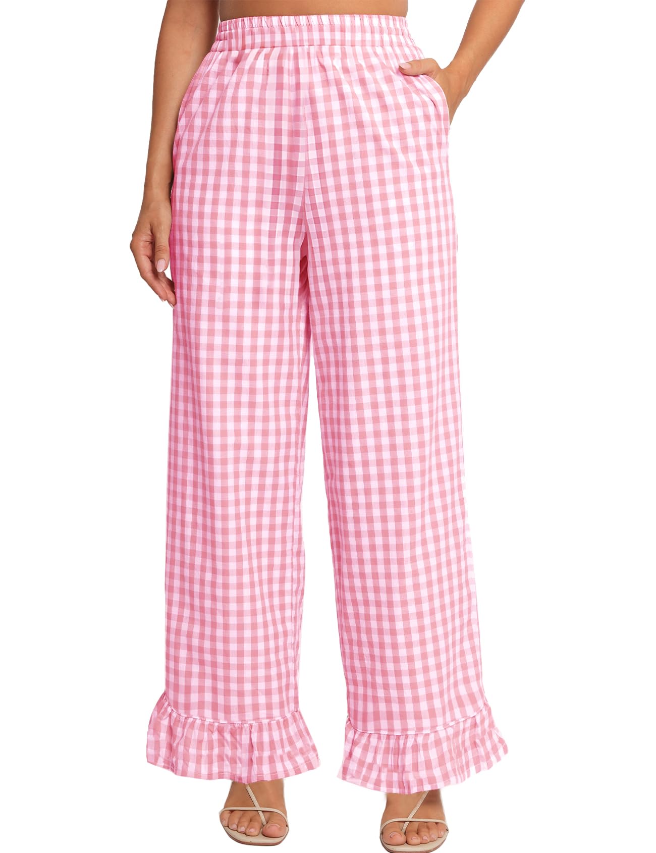 COZYPOIN Womens Gingham Pants Cotton Plaid Ruffle Hem Lounge Boxer Pant Y2K Pj Bottoms Casual Wide Leg Trousers