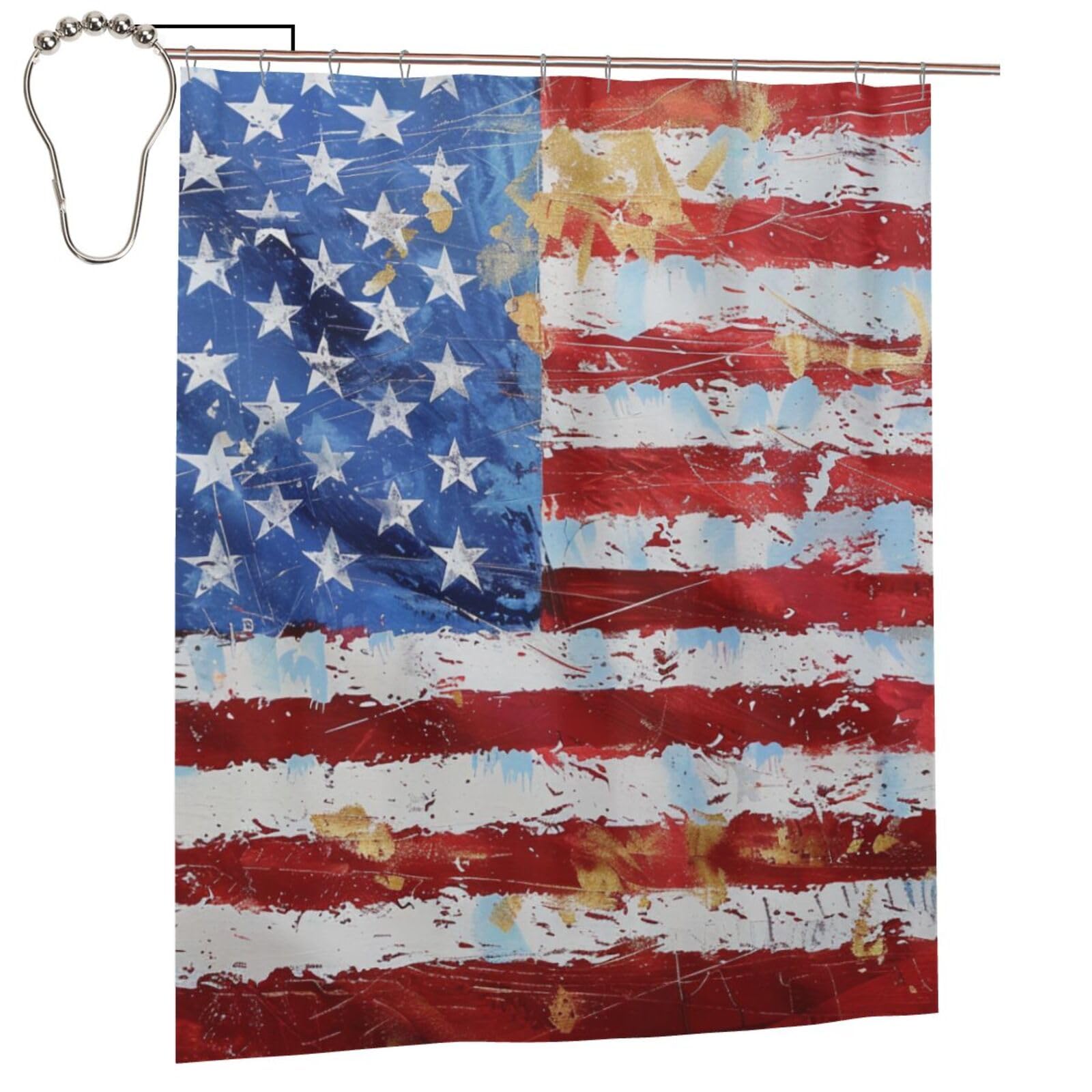 BWWHCCTI American Flag Independence Fourth of July Printed Shower Curtain With 12 Iron Hooks Opaque Quick Drying Waterproof Shower Curtains Sets For Bathroom 152x183 Cm