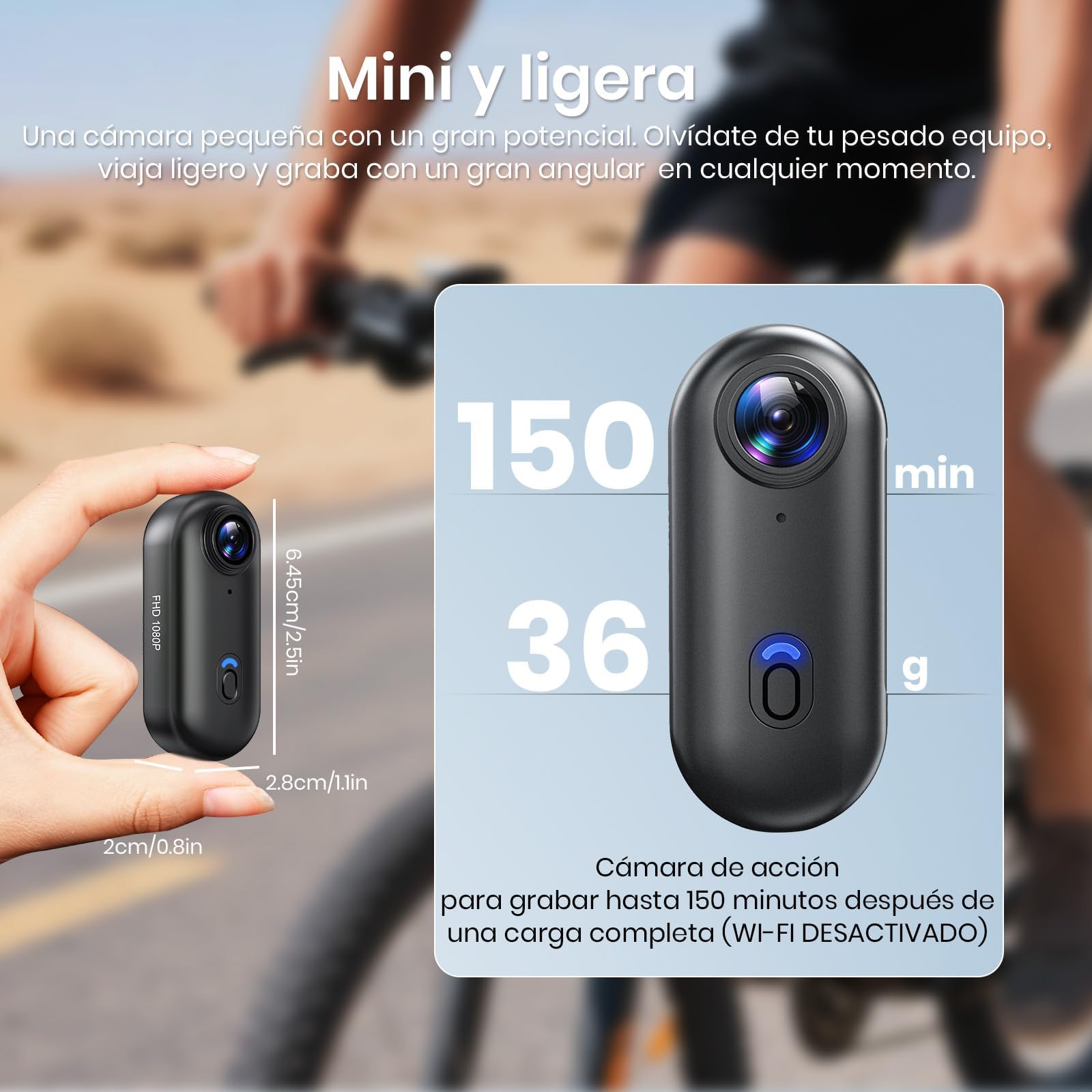 Cámara de Acción 360°, Mini Cámara Corporal POV, Subacuática 30m, WiFi, Gran Angular 120°, +10 Accesorios para Ciclismo, Viajes, Mascotas, Caminatas, Deportes + Tarjeta 64GB