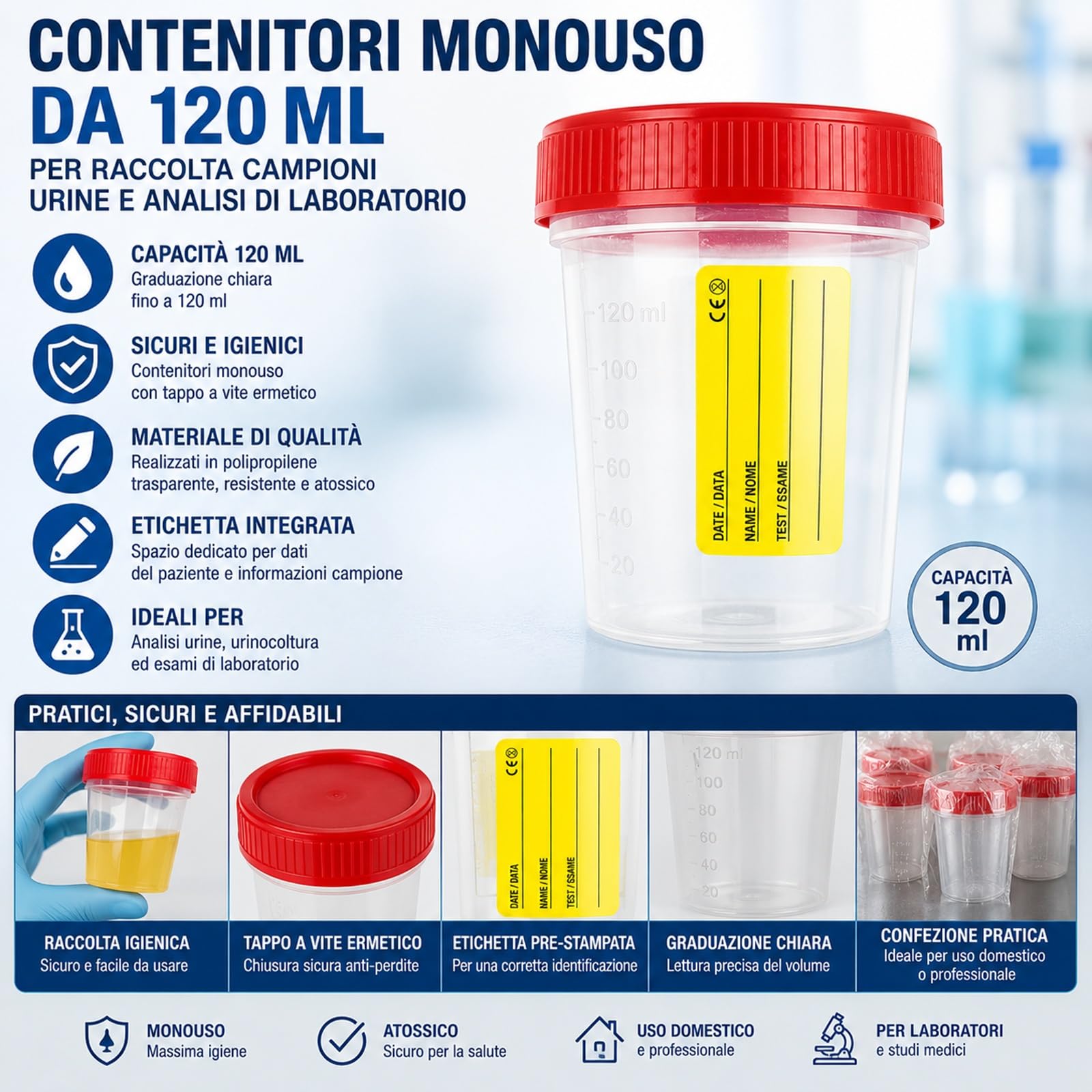 Topolenashop 4 Contenitori Urine Sterili 120 ml con Tappo a Vite ed Etichetta – Vasetti Monouso per Analisi Urine, Urinocoltura ed Esami di Laboratorio, Made in Italy