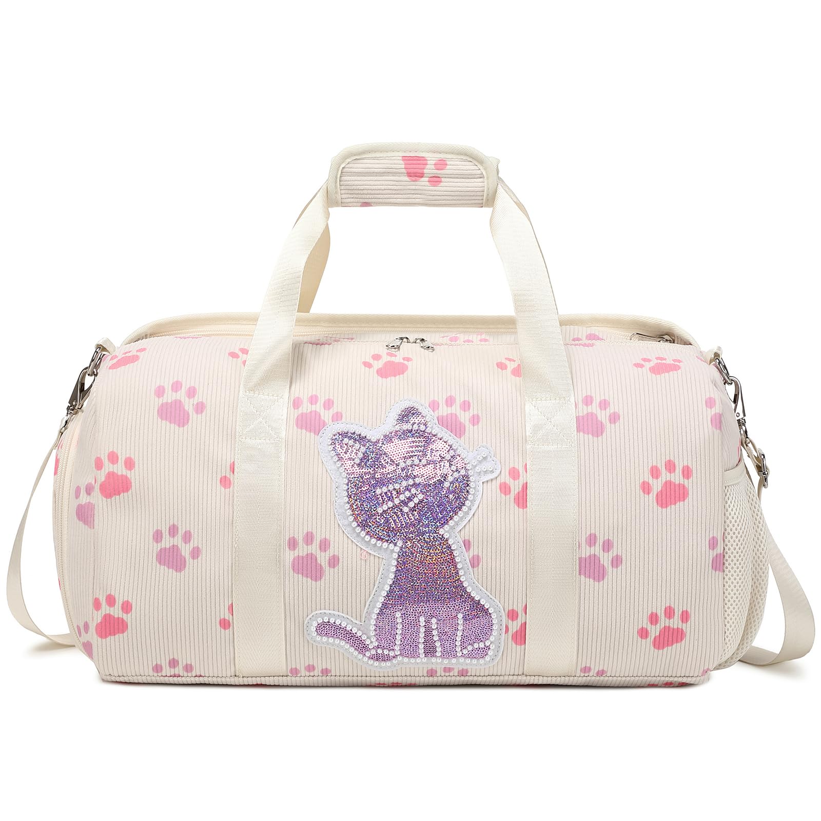 Kimwadalh Sac de Sport pour Filles - Motif Chat, Bandoulière, Danse, Gymnastique avec Compartiment Chaussures et Poche Humide - Tissu Velours Côtelé