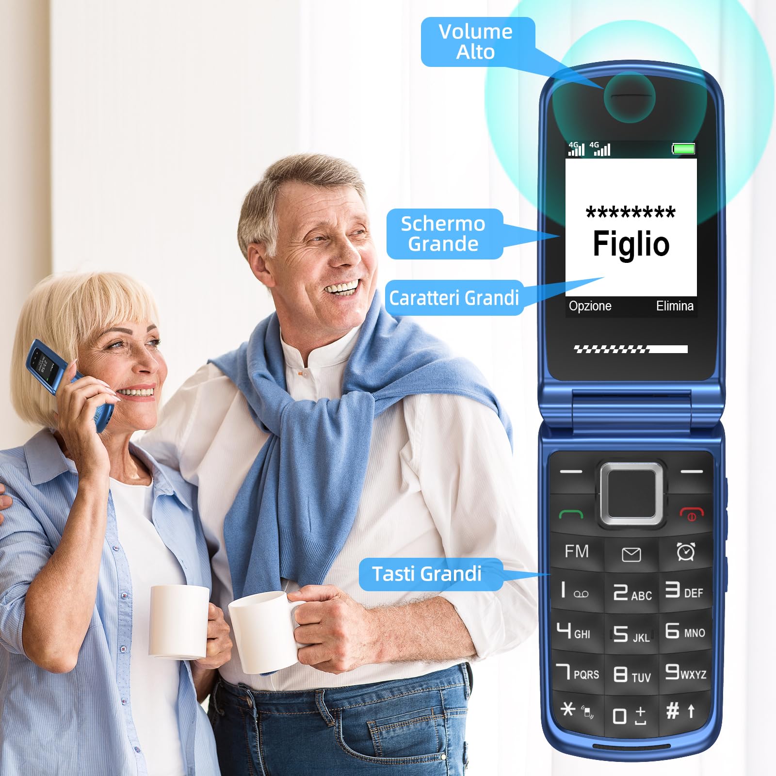 Telefono Cellulare per Anziani 4G, Telefoni Cellulari Tasti Grandi a Conchiglia Volume Alto Schermo da 2,4 e 1,77 Pollici Doppia SIM Funzione SOS Base di Ricarica Chiamata Rapida Torcia Sveglia, Blu