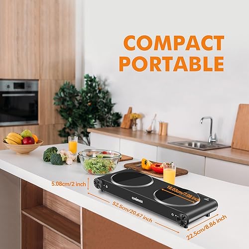 Miniatura 7 de CUSIMAX Quemador doble, quemador eléctrico de 1800 W, placa caliente de cerámica para cocinar, quemador infrarrojo de control doble, placa de vidrio