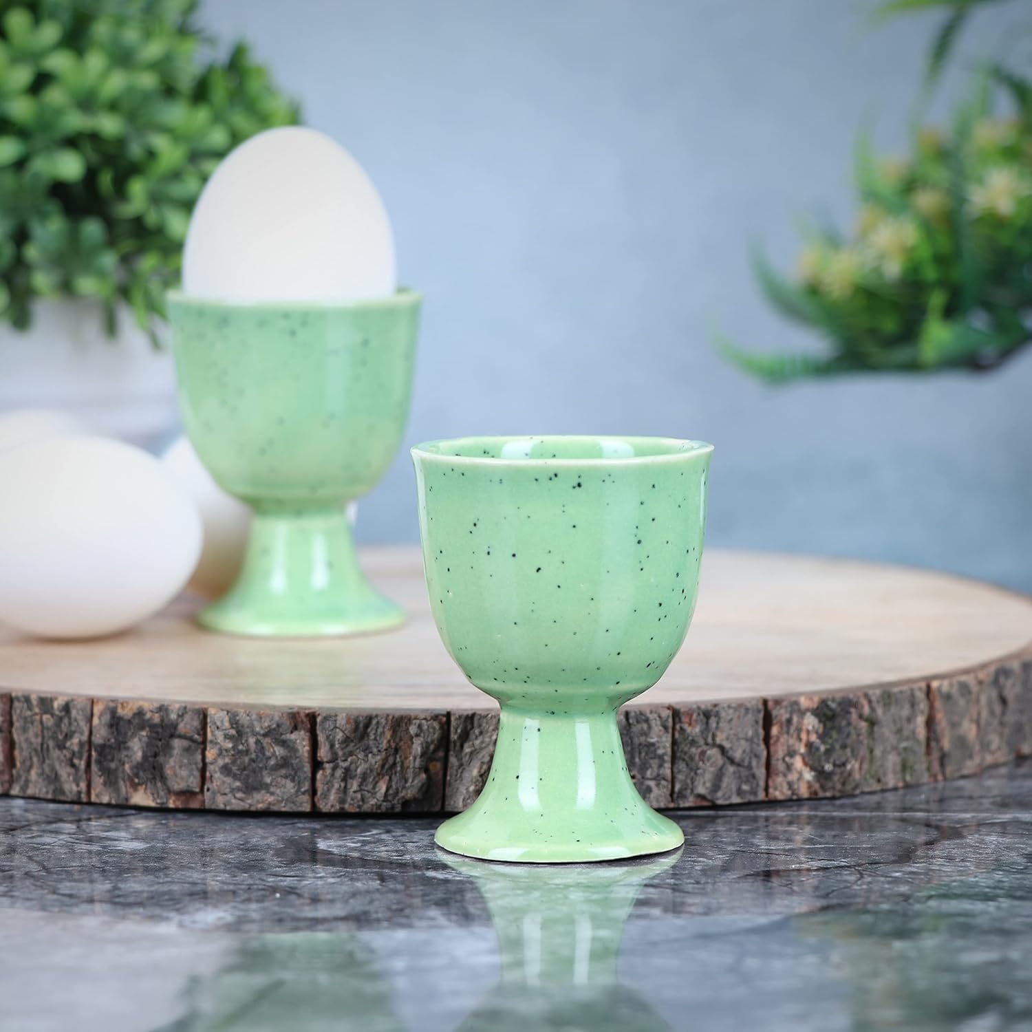 QIMACPLUS Ceramic Soft Boiled Egg Holder Set | Elegant Ivory and Black Egg Cups | Durable, Stylish Egg Holder for Breakfast | Set of 2 (Green) 4