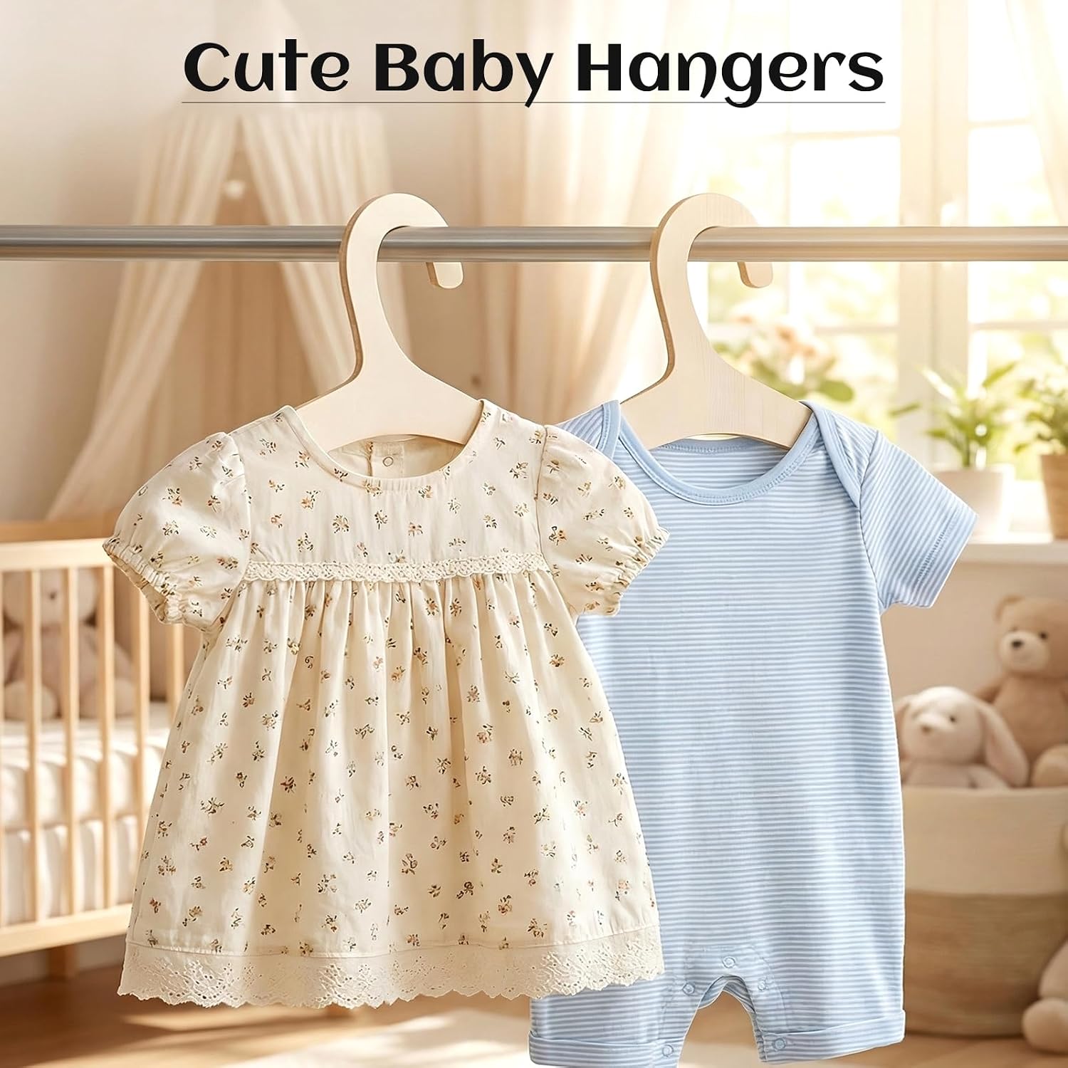8 Pack Wooden Baby Hangers 9 Inch, Non Slip Coat Hangers for Newborn Toddler Clothes Suits Pants Jackets, Natural Wood Finish