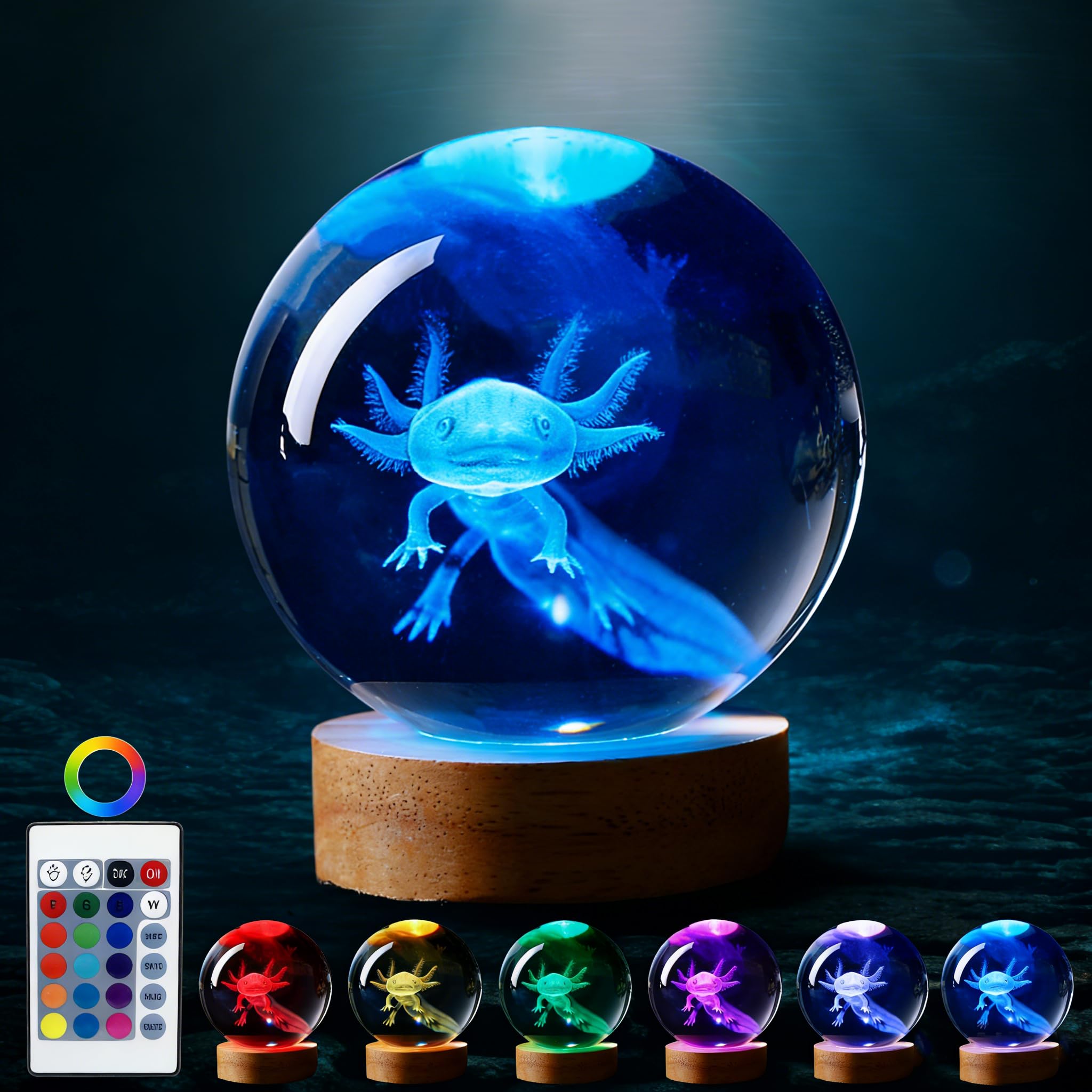 JANARARY Axolotl Lamp Wooden Base, Cool Axolotl Gifts for Girls, 3D Axolotl Crystal Ball Night Light 16 Color Changing with Remote, Large Axolotl