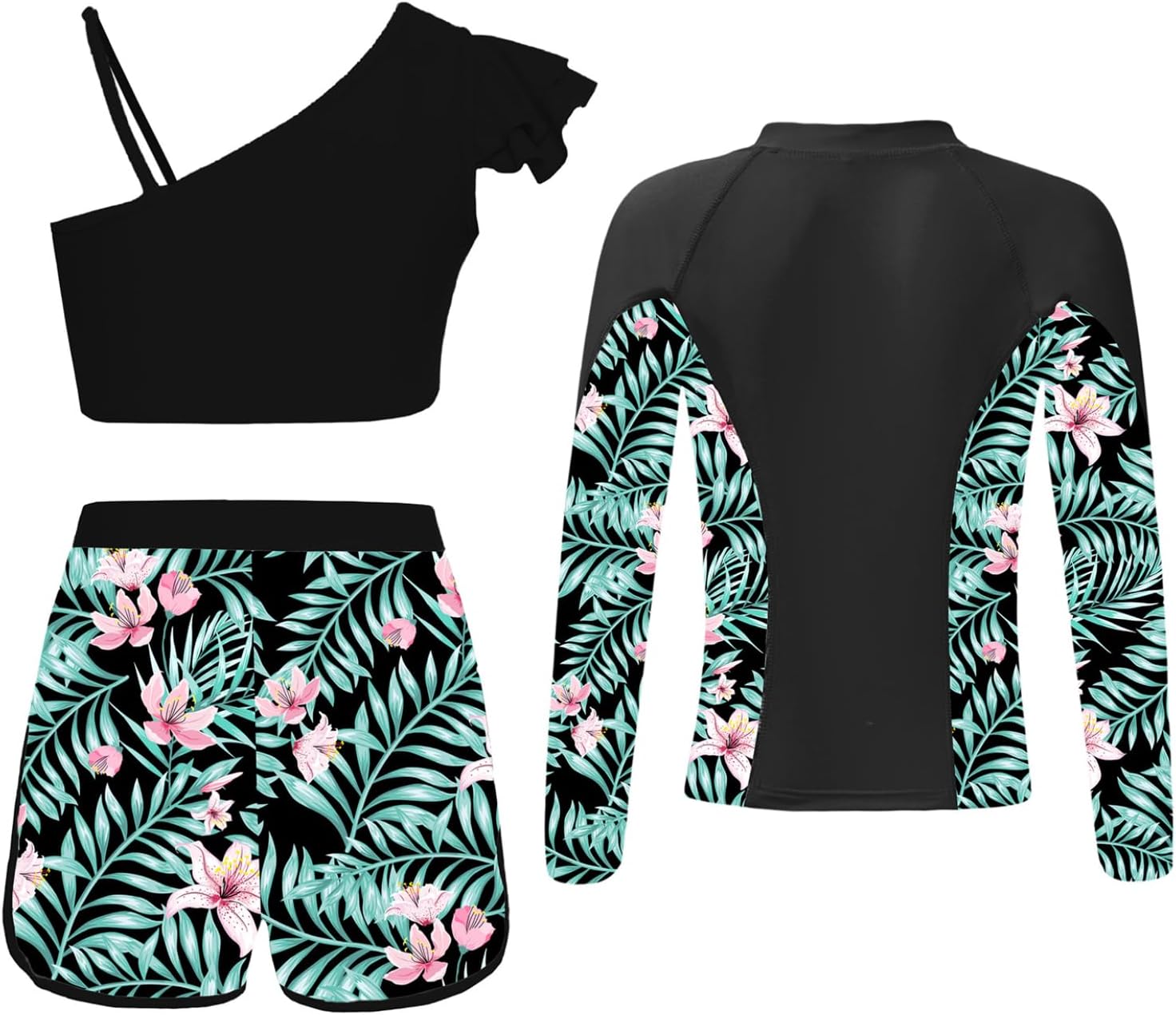 Kids Girls 3-Piece Beach Swimsuit Coconut Trees Print Swim Coat with Tankini Set Sun Protection Swimwear