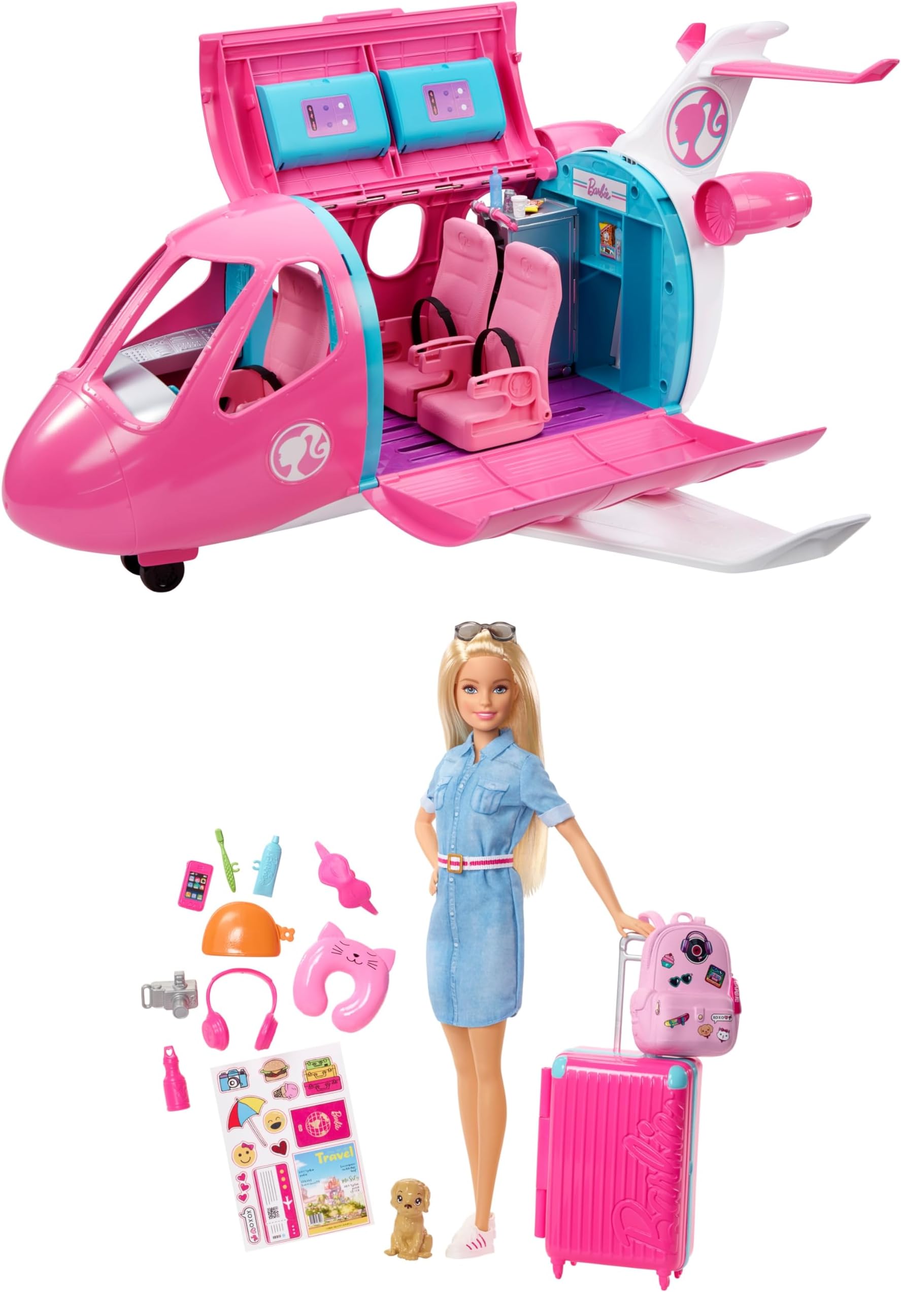 Barbie Doll and Travel Set with Puppy, Luggage & 10+ Accessories, Multicolor Dreamplane Airplane Toys Playset with 15+ Accessories Including Puppy, Snack Cart, Reclining
