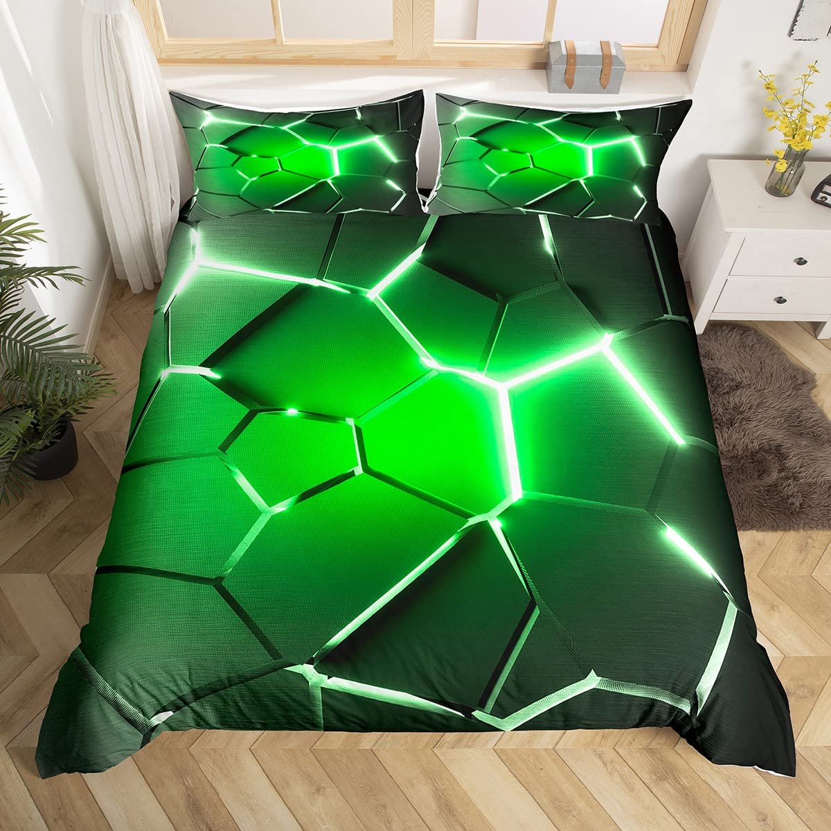 Honeycomb Bedding Set Hexagonal Ombre Green Comforter Cover for Kids Boys Girls Geometrical Duvet Cover Breathable Beehive Vintage Modern Geometric Bedspread Cover Quilt Cover 2Pcs Single