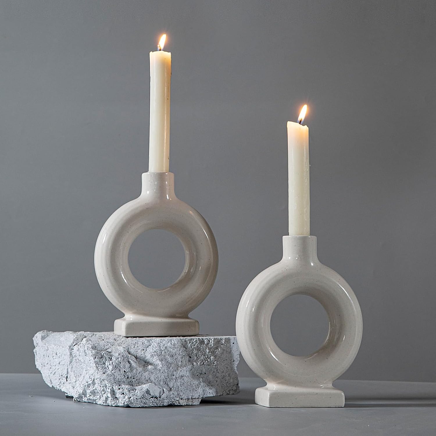 Modern Ceramic Candle Sticks Holder, Neutral Set of 2 Taper