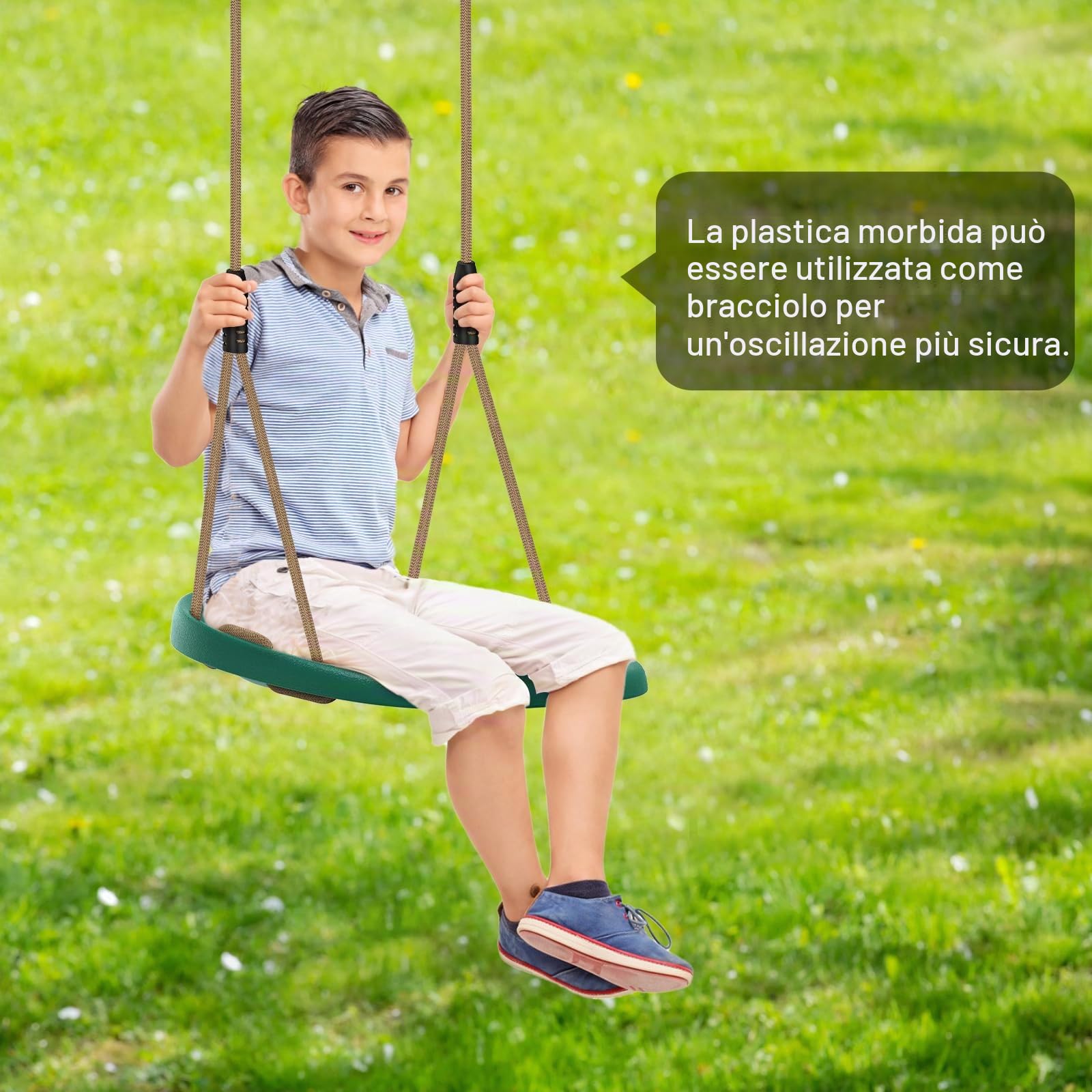 SELEWARE Seggiolino in plastica per altalena, set di altalene per bambini antiscivolo con corda regolabile di 6,7 piedi e 2 moschettoni, altalena per bambini da giardino resistente,Verde