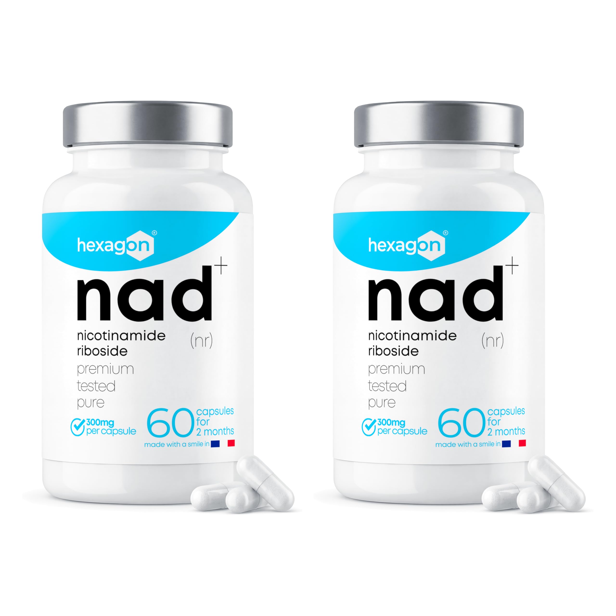 NAD+ Nicotinamide Riboside Chloride 300mg - +2 Meses de Cura - Contra la Edad y la Fatiga, NAD Booster - Polvo Puro, 60 Cápsulas - Grado Farmacéutico - Vegano - Hexagon (Paquete de 2)