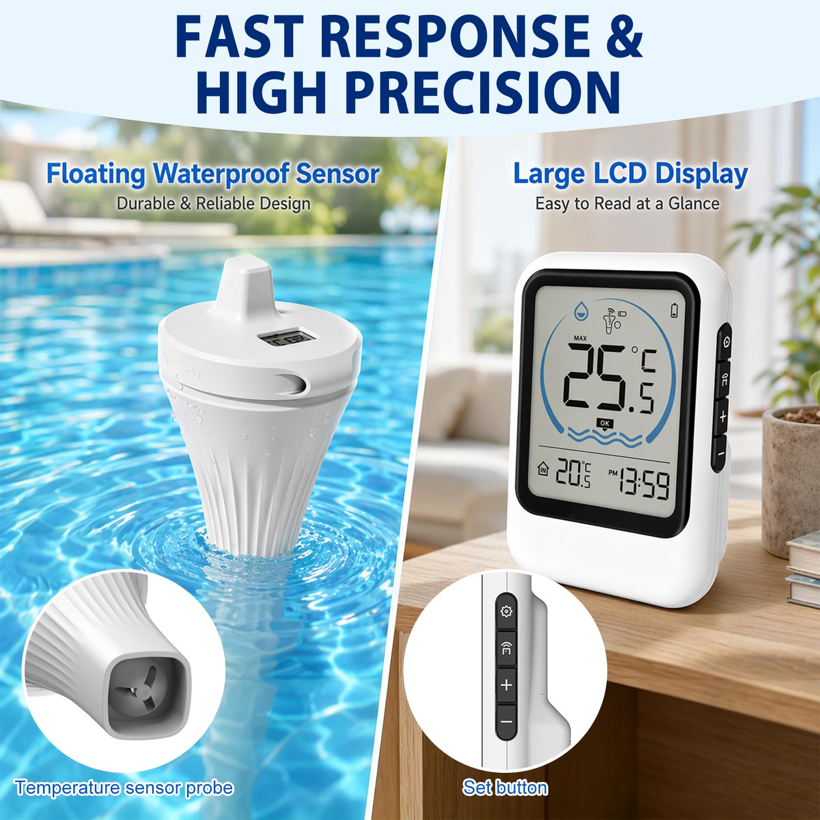 Termometro da piscina senza fili, IP68, impermeabile con display LCD, termometro digitale per piscina, vasca da bagno, acquario, laghetto