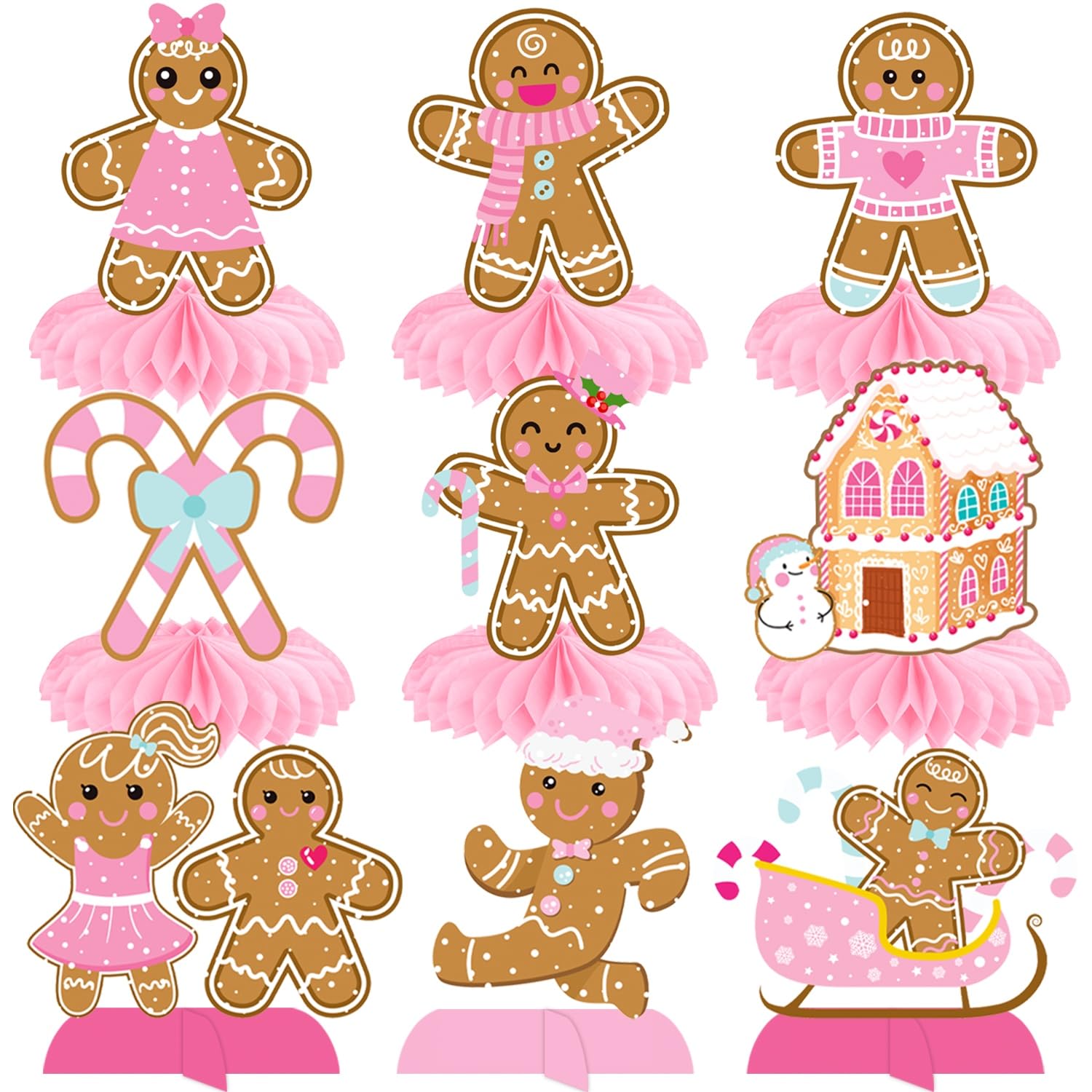 Christmas Gingerbread Man Party Honeycomb Centerpieces 12Pcs Gingerbread House Table Decorations Pink Gingerbread Snowman Theme Centerpieces for Merry