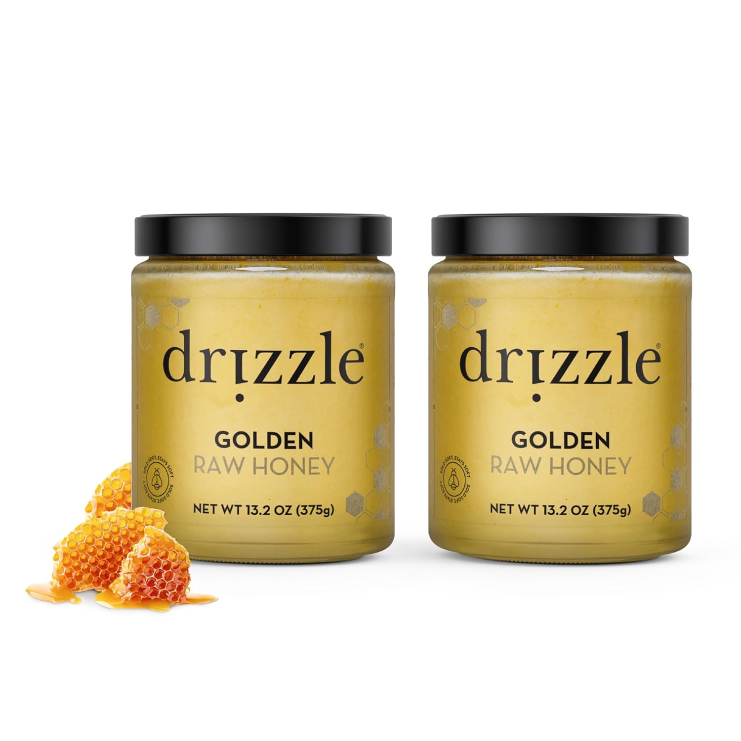 Drizzle Golden Raw Honey - All Natural Pure Raw Honey, Unfiltered & Unheated, Use in Tea & Coffee, Sugar Substitute, Certified Kosher - 13.2 oz Jar (375 g), Pack of 2