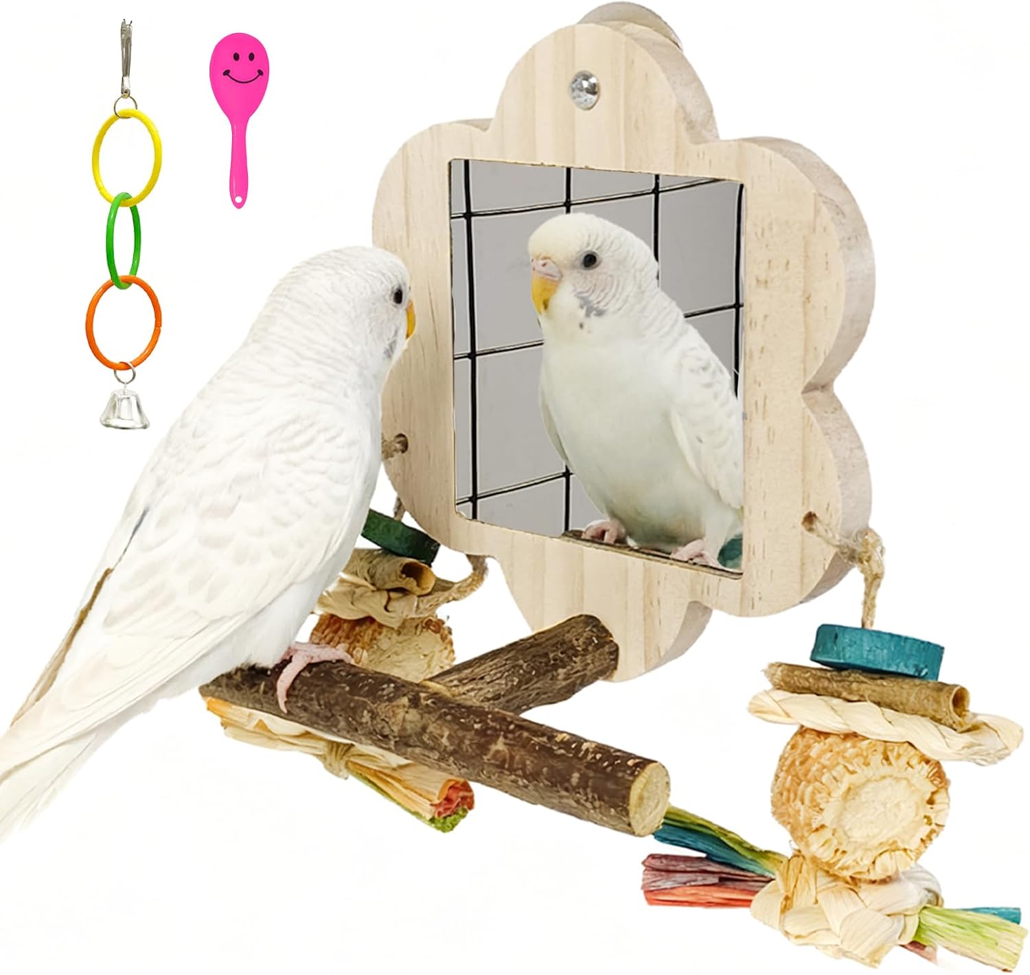 Bird Mirror with Perch, Cockatiel Mirror for Cage, Parakeet Toys with Chew Toy,Bird Cage Accessories for Parrot Conure Lovebirds Finch Canaries (Corn Cob)