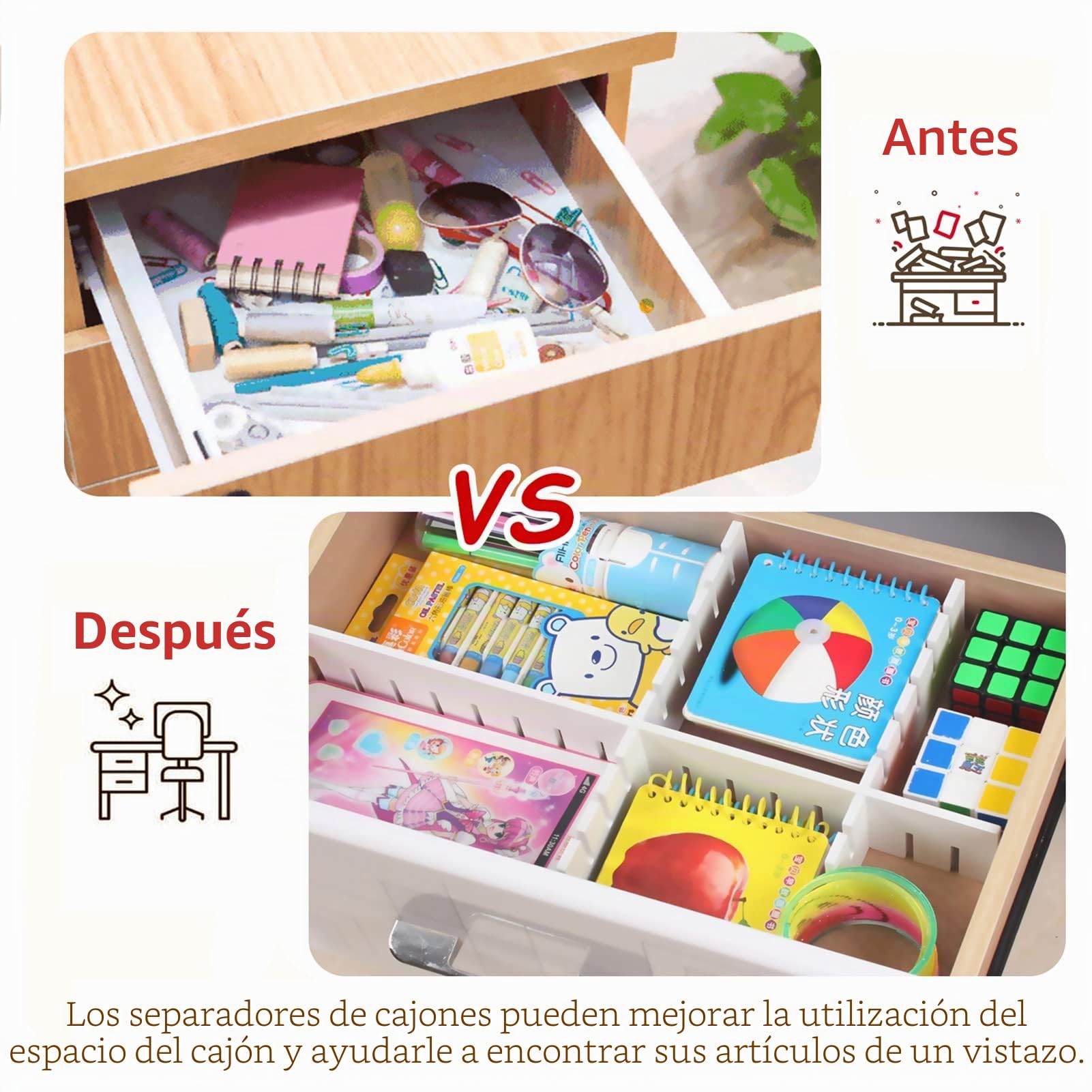 Separadores para cajones ajustables de plástico 42x9 cm organizadores modulares rejilla armario escritorio baño blanco