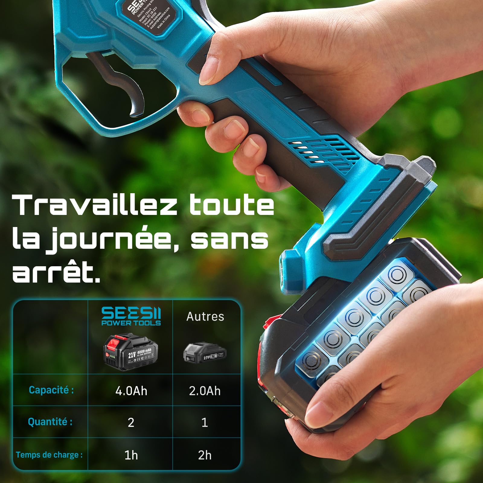 SEESII Sécateur Électrique Avec Perche, 2-en-1 Secateur Electrique Sans Fil Télescopique, Hauteur de Travail Jusqu’à 4,5 m (Base 1,8 m), Coupe 40 mm, 2× 4,0Ah Batteries, Lame SK5, Jardin/Arbres/Fleurs