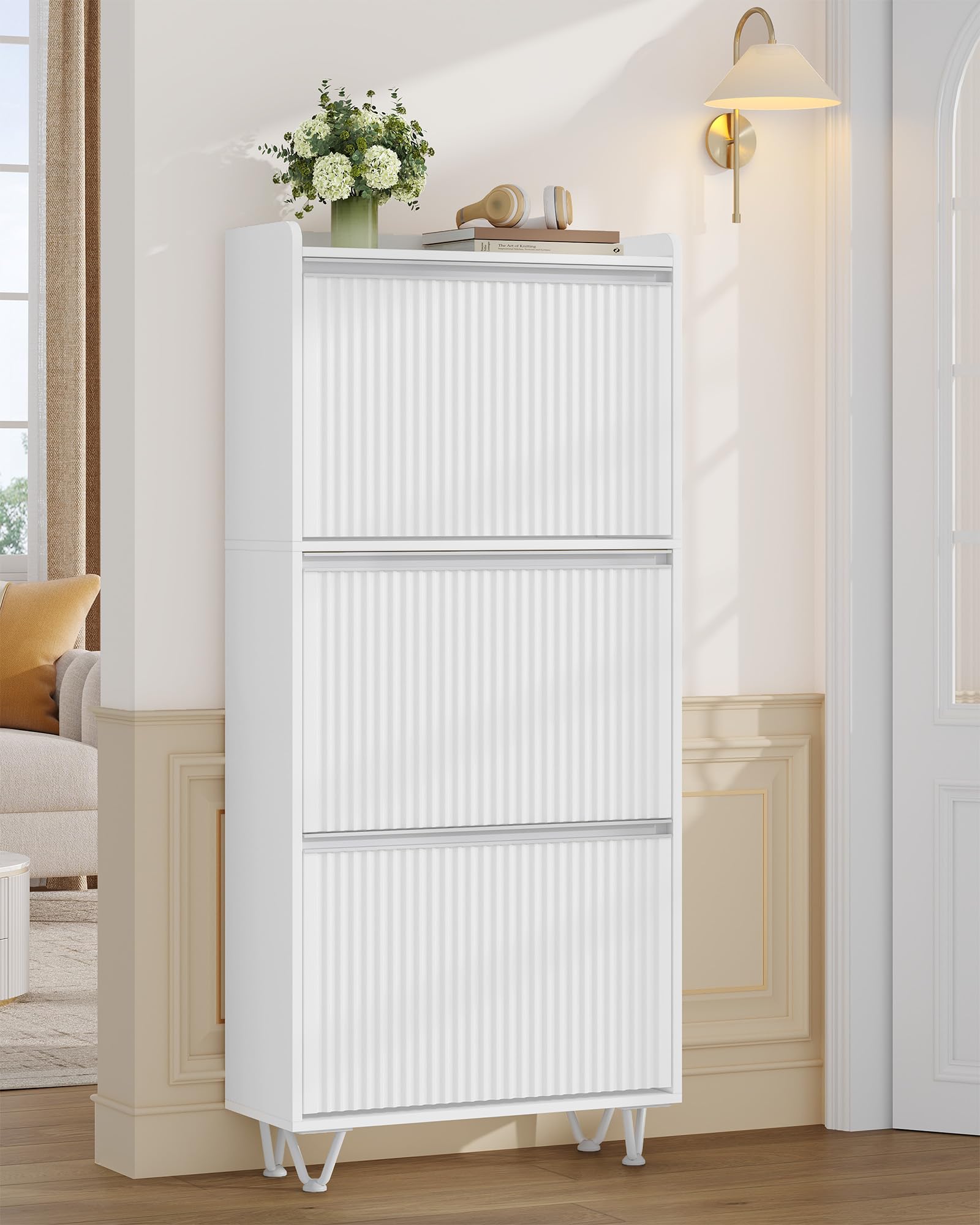 Hzuaneri Fluted Wooden Shoe Cabinet, White and Silver