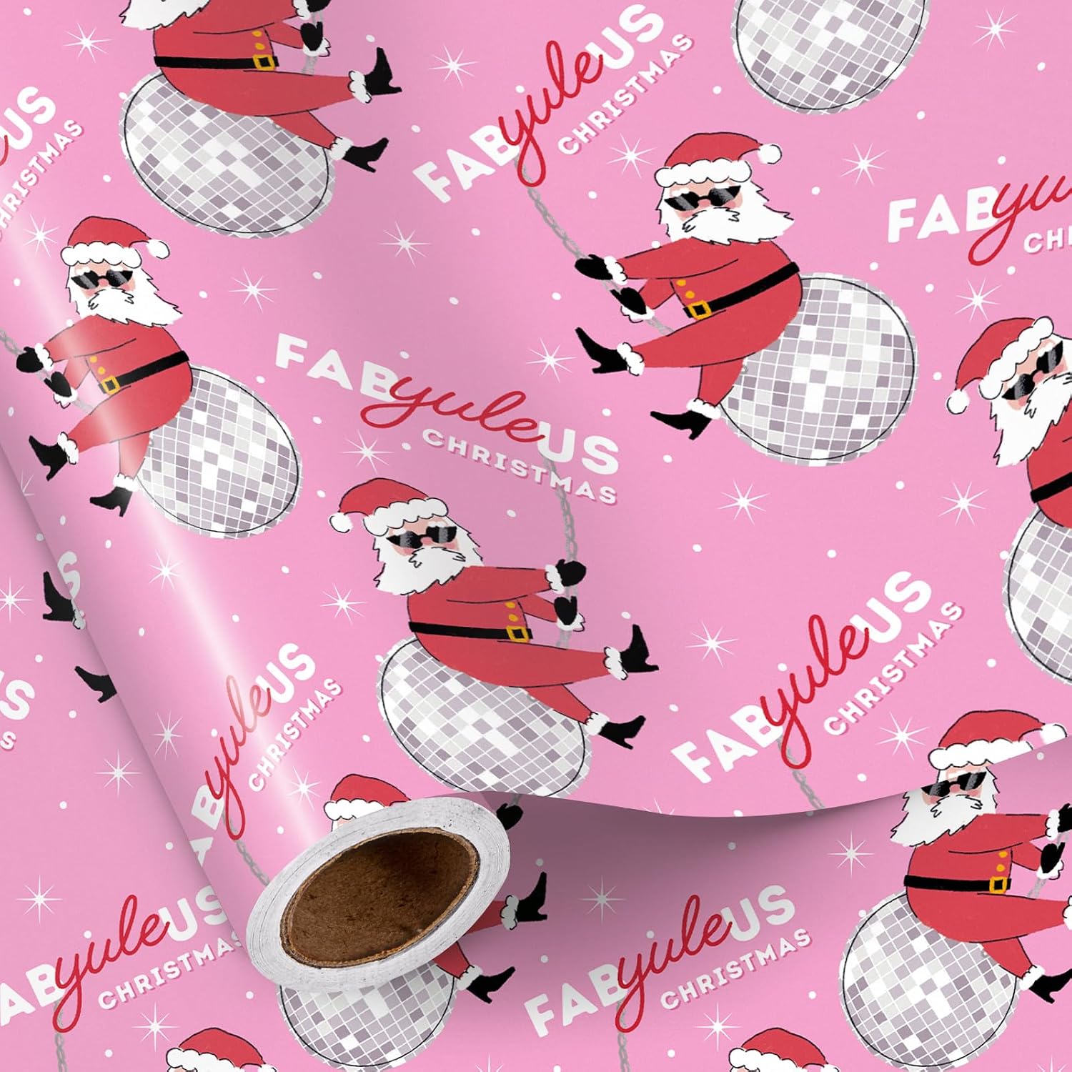 RUSPEPA Funny Santa Christmas Wrapping Paper Roll, Mini Roll, Vintage Fun Santa Claus, Disco Ball and FABYULEUS Christmas Text Design, Pink Gift Wrap for Girls Holiday Party, 17 Inches x 16.4 Feet