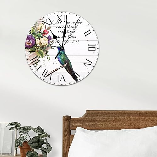 Miniatura 65 de ArogGeld He Made Everything Beautiful - Reloj de pared de PVC con flores rosadas, colibrí, reloj de pared grande con cita y números romanos, reloj
