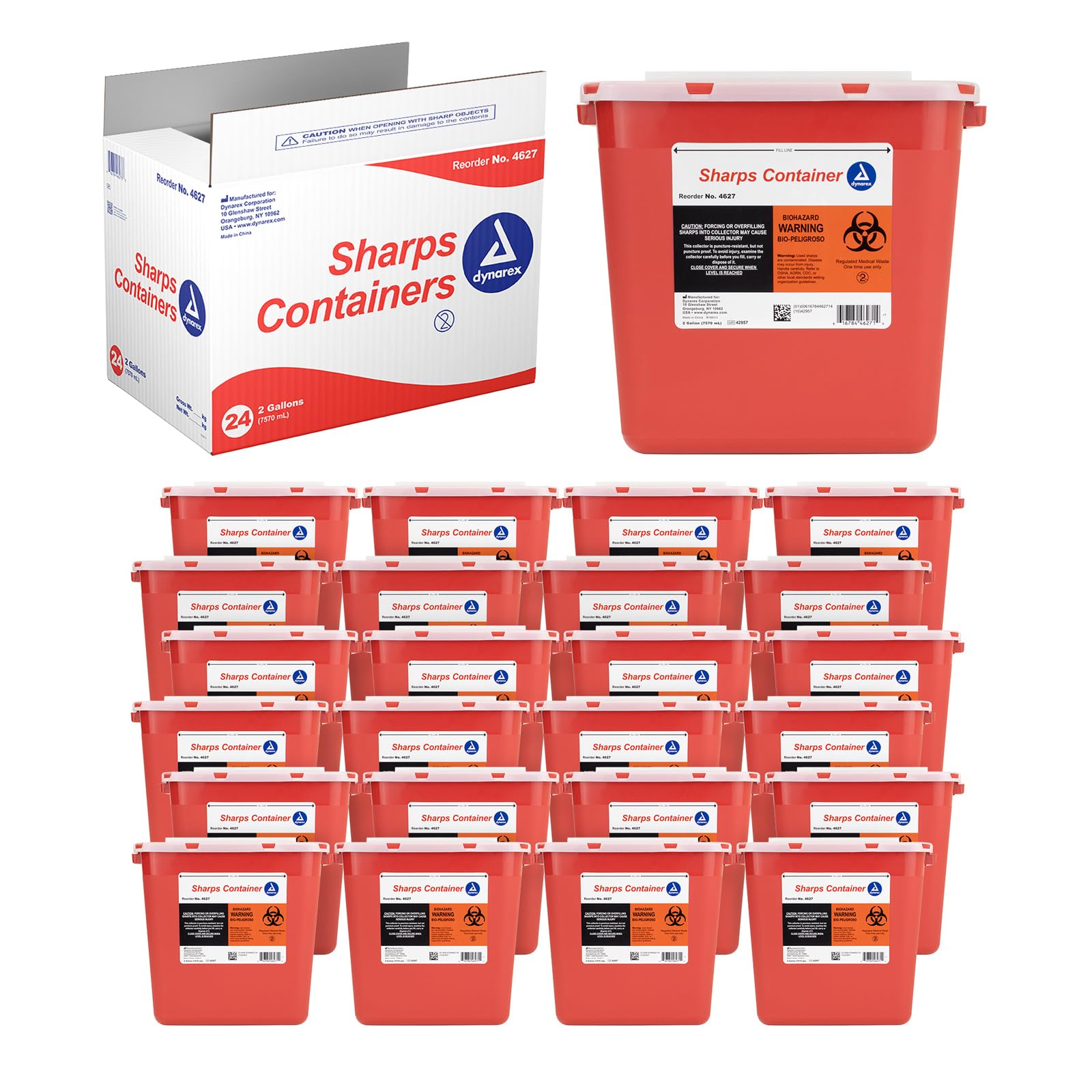 Dynarex 4627 Sharp Container, Provides a Safe Disposal of Medical Waste and Needles, Non-Sterile & Latex-Free, 2 Gallons, Made with Thermoplastic, Red, Pack of 24
