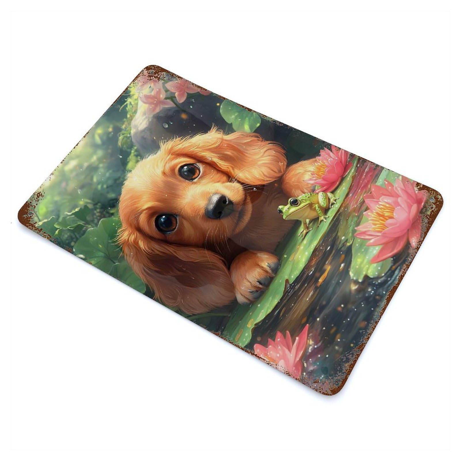 Puppy And Frog in Lily Pond 11.8"x7.9" Vintage Metal Tin Sign, Retro Wall Decor for Basement, Hobby Room And Garage Decor