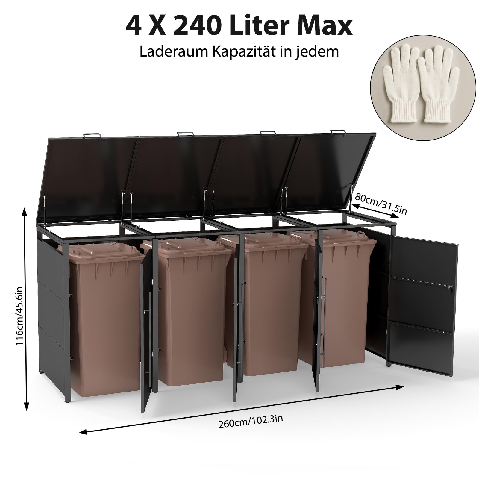 Youyijia Metallische Mülltonnenbox für 120-240 Liter, 264 x 80 x 116 cm, Mülltonnenlagerung für 4 Tonnen, Verzinktes Stahl-Müllschuppen, Außendeckel mit abschließbarer Tür für Garten und Hinterhof
