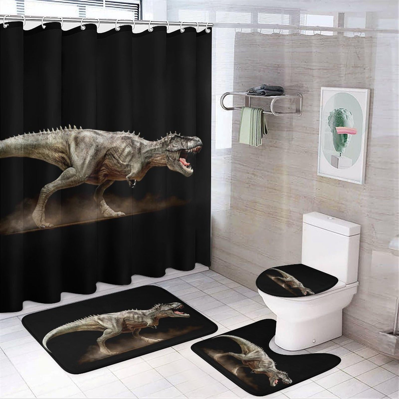 JiuPopular Bathroom Mat Set 4 Piece, Dinosaur Rex Tyrannosaurus Shower Curtain with Non-Slip Bath Mats for Bathroom