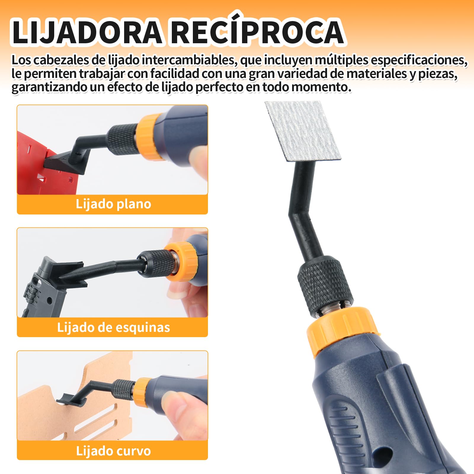 Lijadora recíproca, velocidad variable y carga USB con luz LED, lijadora de lápiz con 6 cabezales de lijado, ideal para lijar, pulir, acabar y manualidades DIY (Azul)