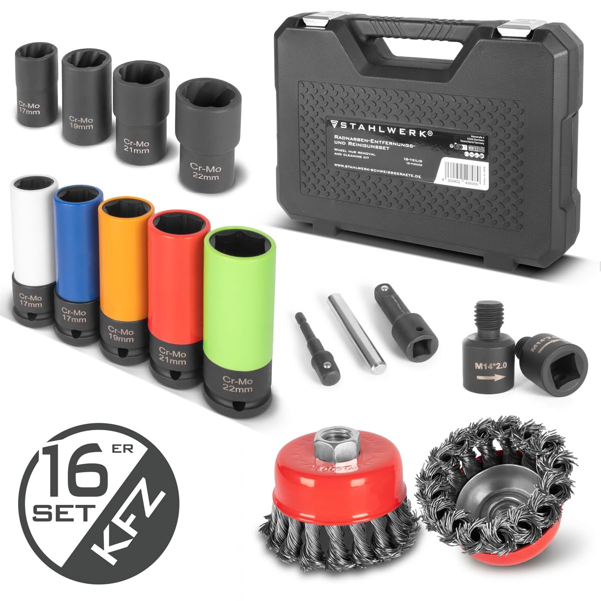 STAHLWERK Radnaben-Service & Felgen-Demontage-Set 16-teilig, 1/2" Antrieb | 5 Schonnüsse für Alufelgen, 4 Ausdrehschlagnüsse 17-22 mm, 2 Topf-Drahtbürsten 65 und 75 mm, Adapter M14 x 2,0