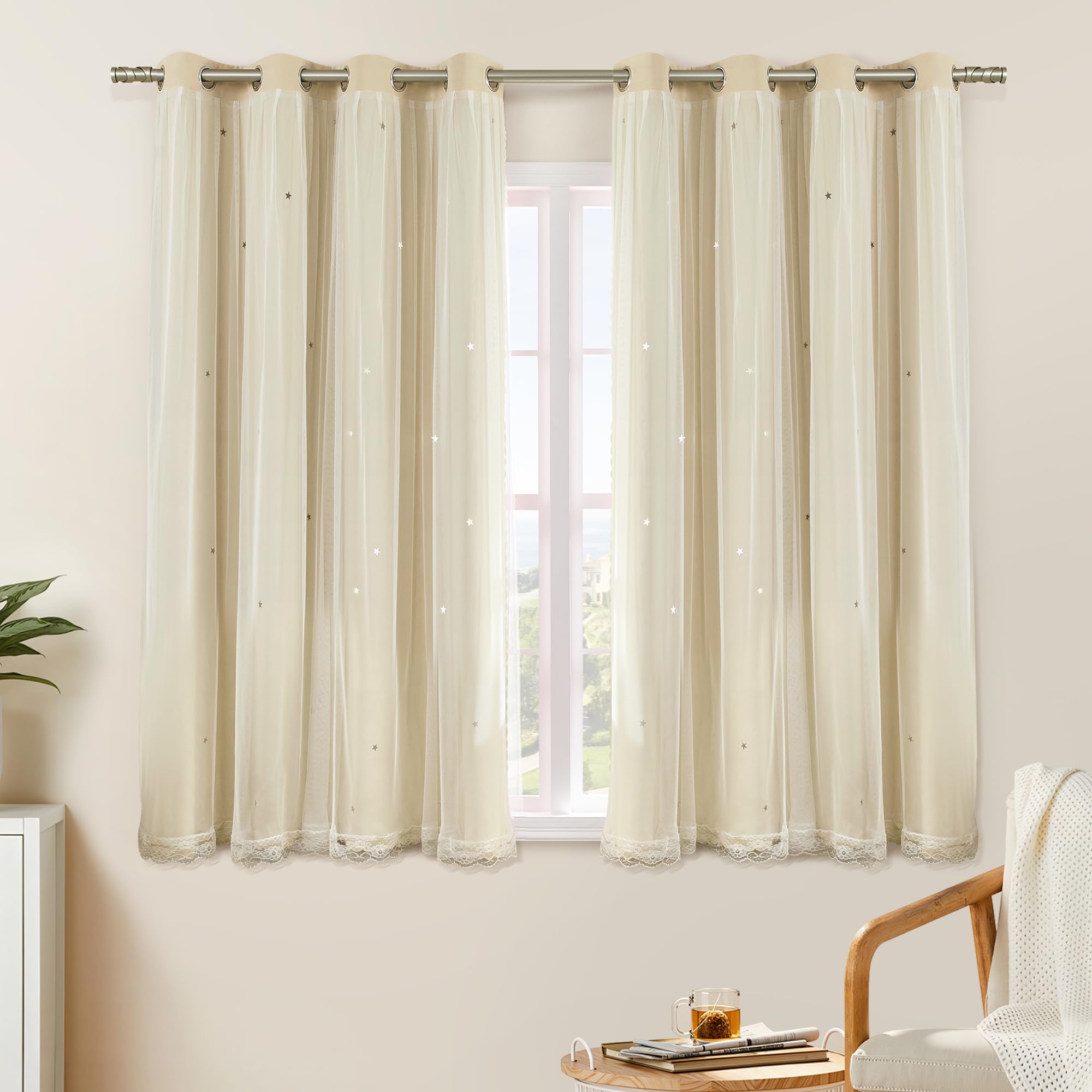 XiDi Beige Curtains with Sheer Overlay for Living Room Bedroom 2 Panels Star Hollow Out 80% Blackout Double Layer Curtains for Kids Girls Room Darkening Grommet Window Drapes with Tiebacks W52 X L63