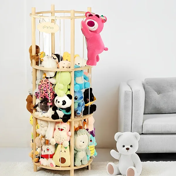 Viyuse Stuffed Animal Zoo Storage Extra Large Wooden Stuffed Animal Holder Soft Toy Organizer Nursery Zoo Cage Plush Stuffed Toy Cage Kids Playroom Bedroom Decor Display Corner Round