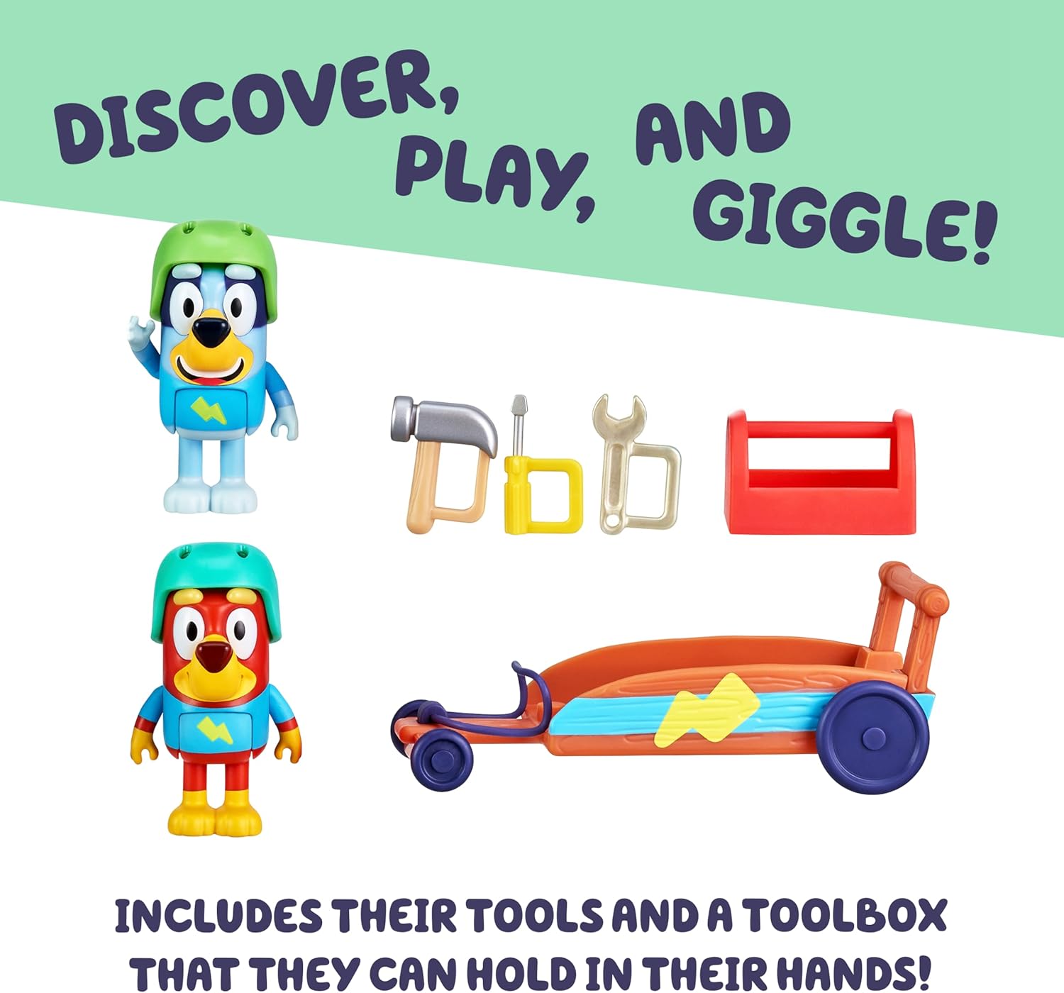 Bluey Vehicle & Figures Go Kart Playset, Articulated Racers Set with Rusty Figurine and Toolbox Accessory, Immersive Vehicle Toys for Kids Age 3+