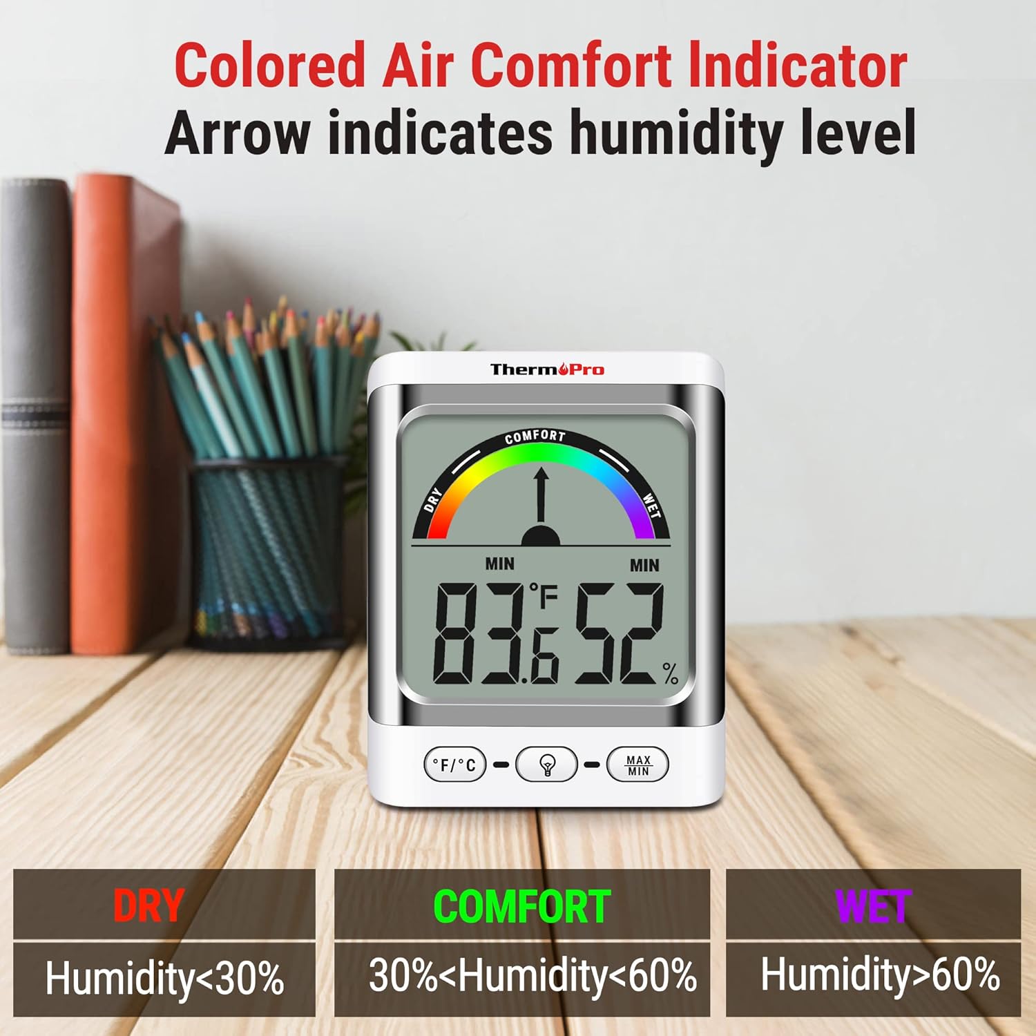 ThermoPro TP200B display showing the colored air comfort indicator with descriptions for Dry, Comfort, and Wet humidity levels.