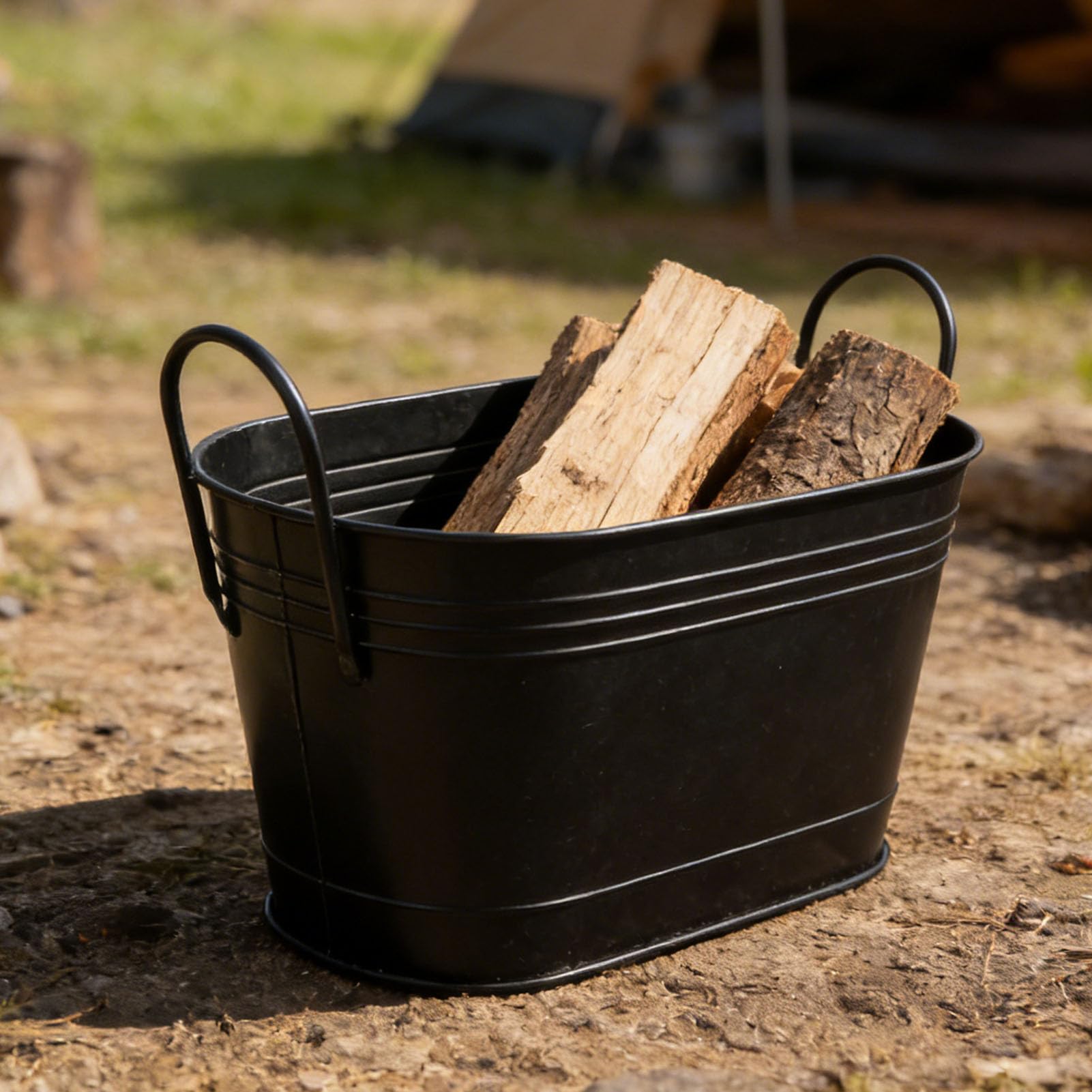 SIXRUN Cubo para Leños Soporte para Leña Cubo de Almacenamiento de Leña Negro Ovalado de Metal con Asas Resistentes para Jardín Interior Exterior Fogón Plantación