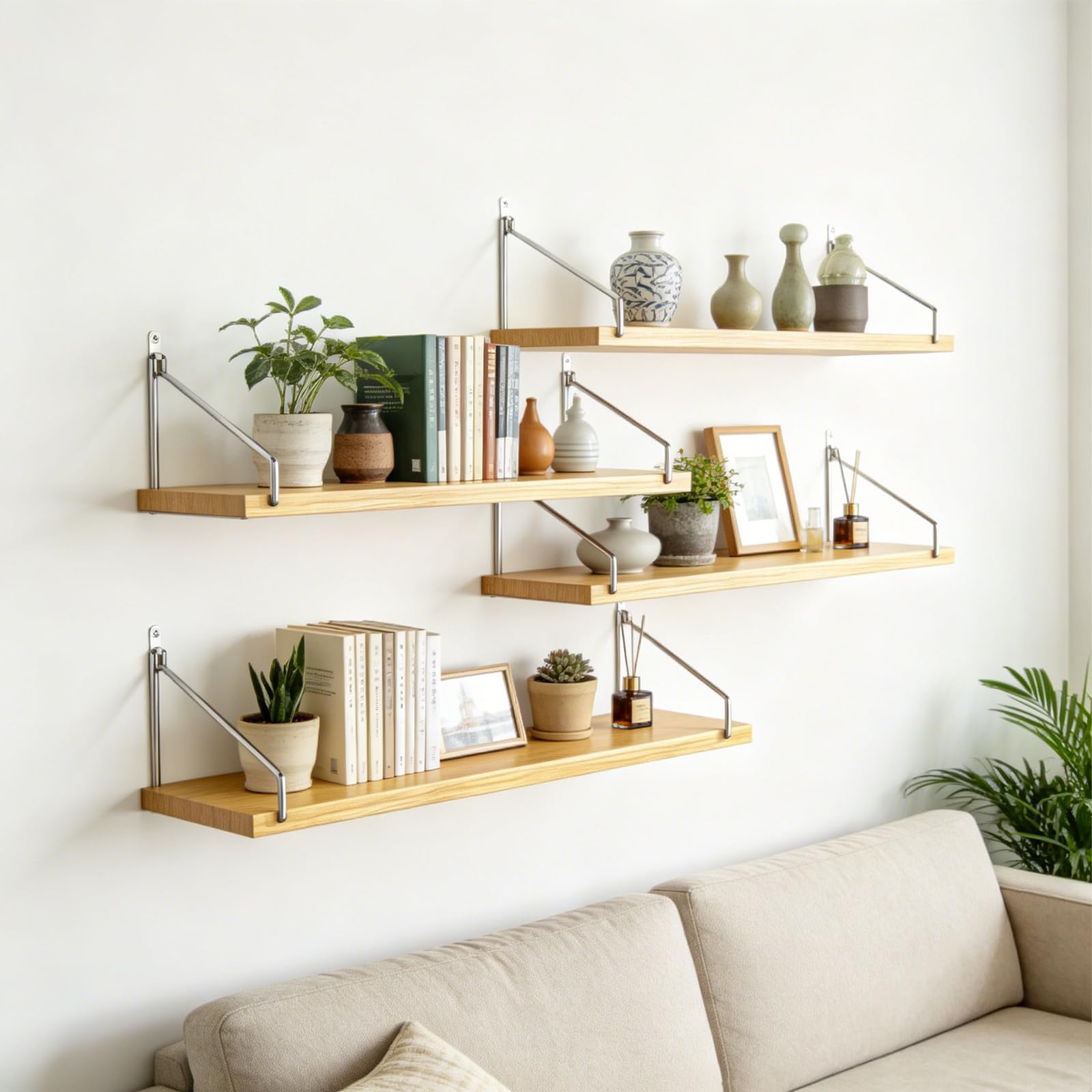 Étagères murales flottantes en bois rustique avec supports en acier inoxydable de 60 cm, étagère de rangement sans perçage pour salon, cuisine