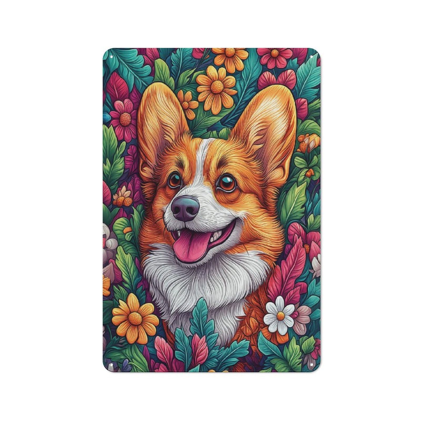 Junmoney Style-19-1 30X20cm Rustic Metal Plaque With Welsh Corgi In Flowers For Café Or Restaurant, For Themed Interiors In Cafés And Restaurants