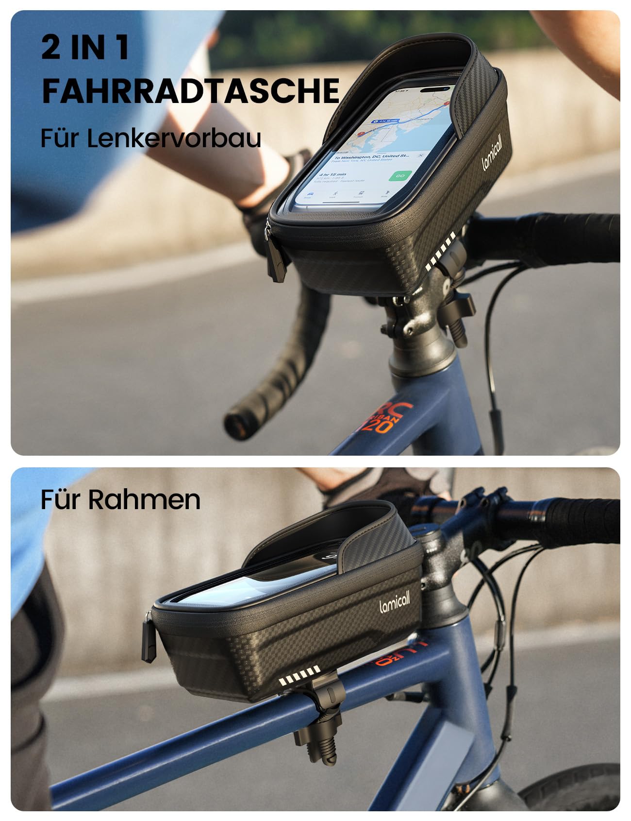 Lamicall 2-IN-1 Fahrradtasche Rahmen, Rahmentasche Fahrrad - [1S Schnellspanner] Wasserdichte Lenkertasche Fahrrad für 20-40mm Rahmen&Lenker, 1,3L Handytasche Oberrohrtasche mit TPU Touchscreen 4,7-7"