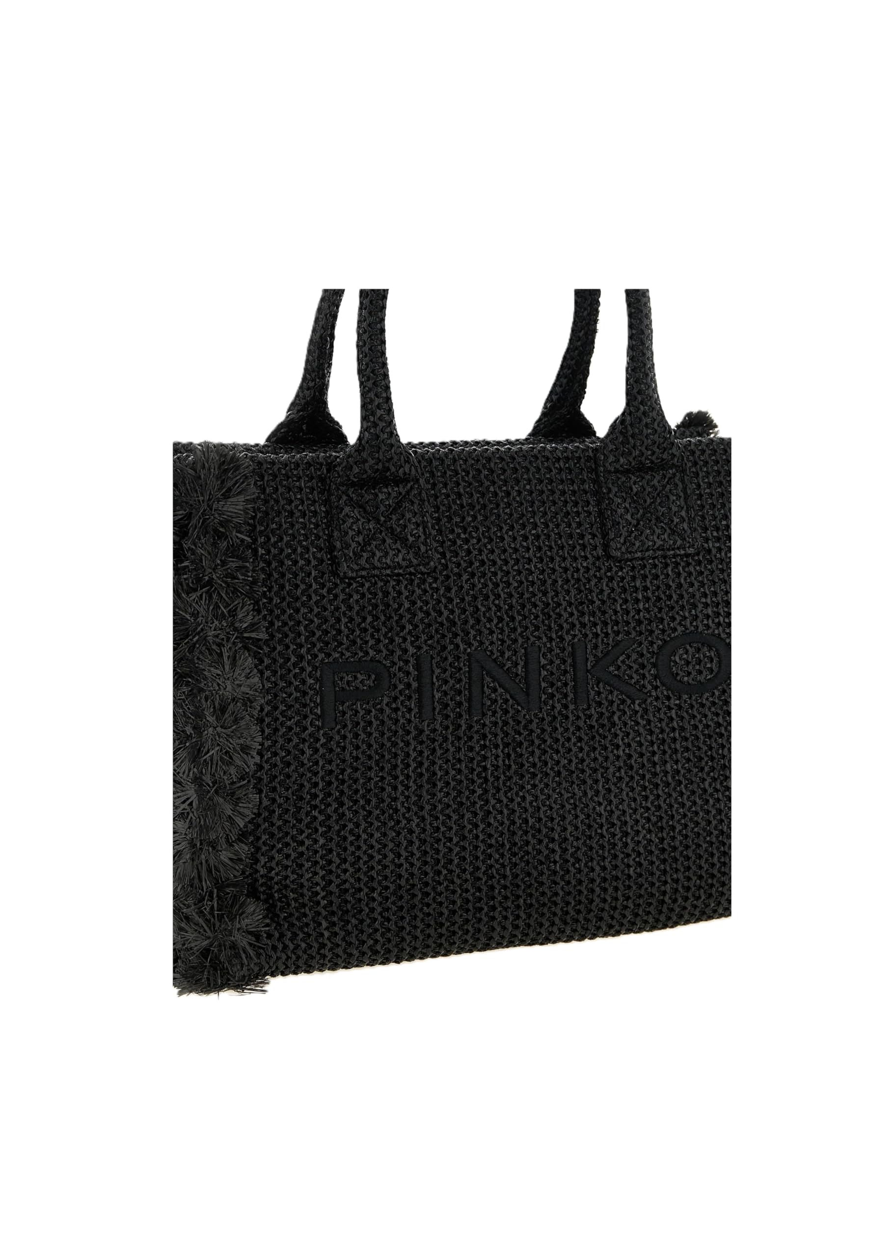 Pinko Bolsa de compras de rafia, negro, 38 x 29,5 x 16 cm, con flecos, estilo playa y viaje, cierre de cremallera
