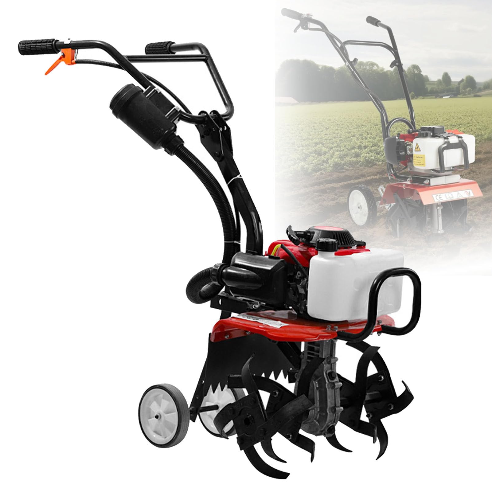Cultivador de gasolina para jardín, cultivador de césped doméstico portátil, motocultor, cultivador de tierra, mango ajustable en altura, para uso en diversos terrenos.