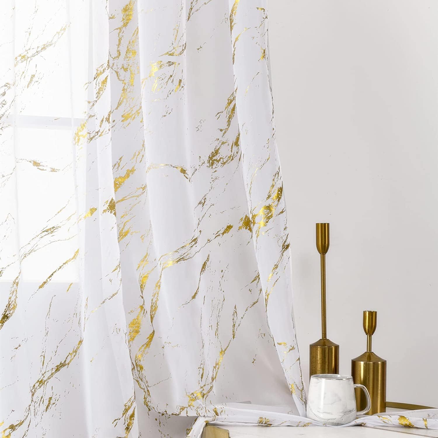 Gold White Marble Sheer Curtains 2 Panels, Metallic Golden 96 Inch Length for Bedroom Living Room, Rod Pocket Privacy Sparkle Glitter for Holiday Decor Window Treatments, 52" X 96"