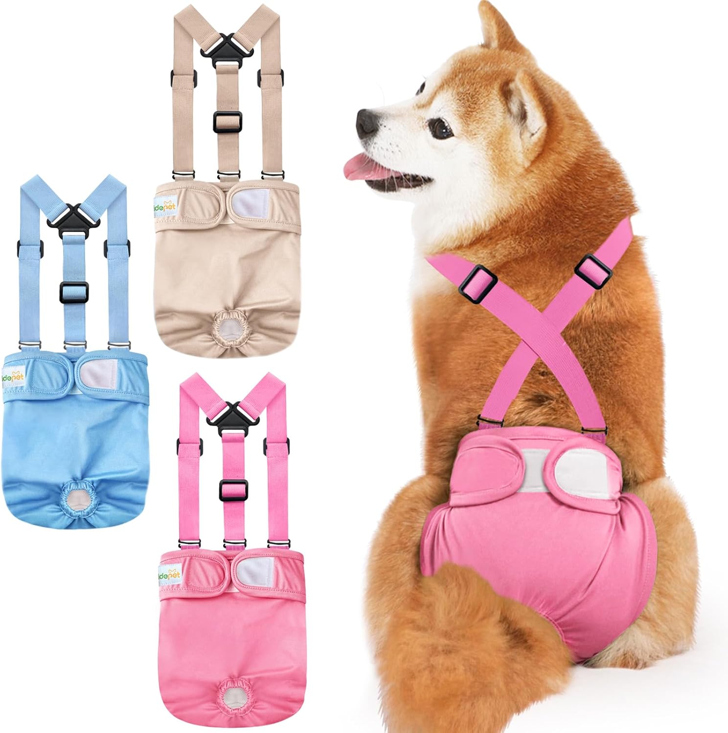 Idepet Female Dog Diapers with Suspender Detachable, 3 Pack Washable Reusable Girl Doggie Diapers for Small Medium Female Dog in Heat Period Cycle Urinary Incontinence Training XL