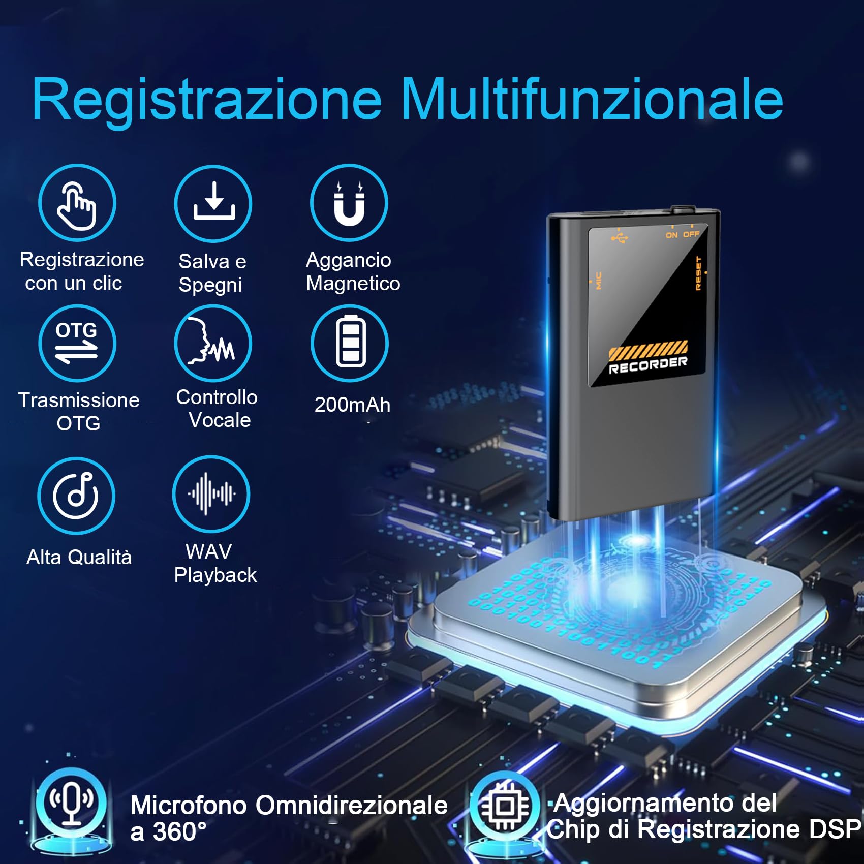64GB Registratore Vocale, 192Kbps Mini Registratore Professionale ad Attivazione Vocale con Riduzione del Rumore, 30 Ore di Registrazione Continua per Conferenze/Riunioni/Interviste（Versione OTG）