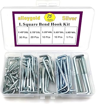 75 Pieces 5 Sizes Spiral in Square Bend Hook kit, Galvanized Square Bend Hook self Tapping Screw Hook for Home/Workplace/Office